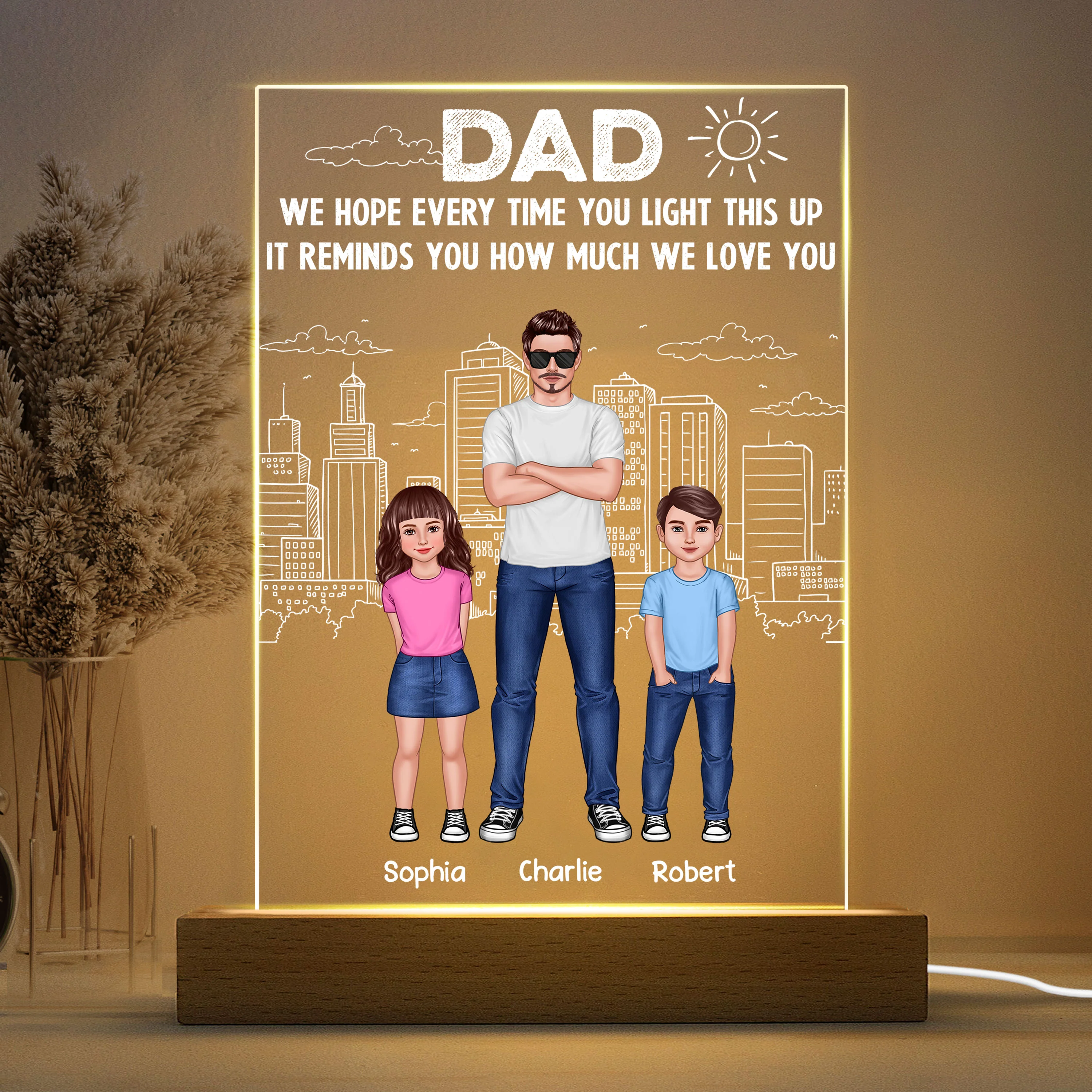 Dad And Kids Standing Front View Outline City Personalized Rectangle Acrylic LED Night Light - Image 3