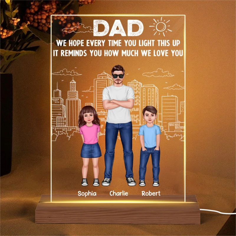 Dad And Kids Standing Front View Outline City Personalized Rectangle Acrylic LED Night Light - Image 4