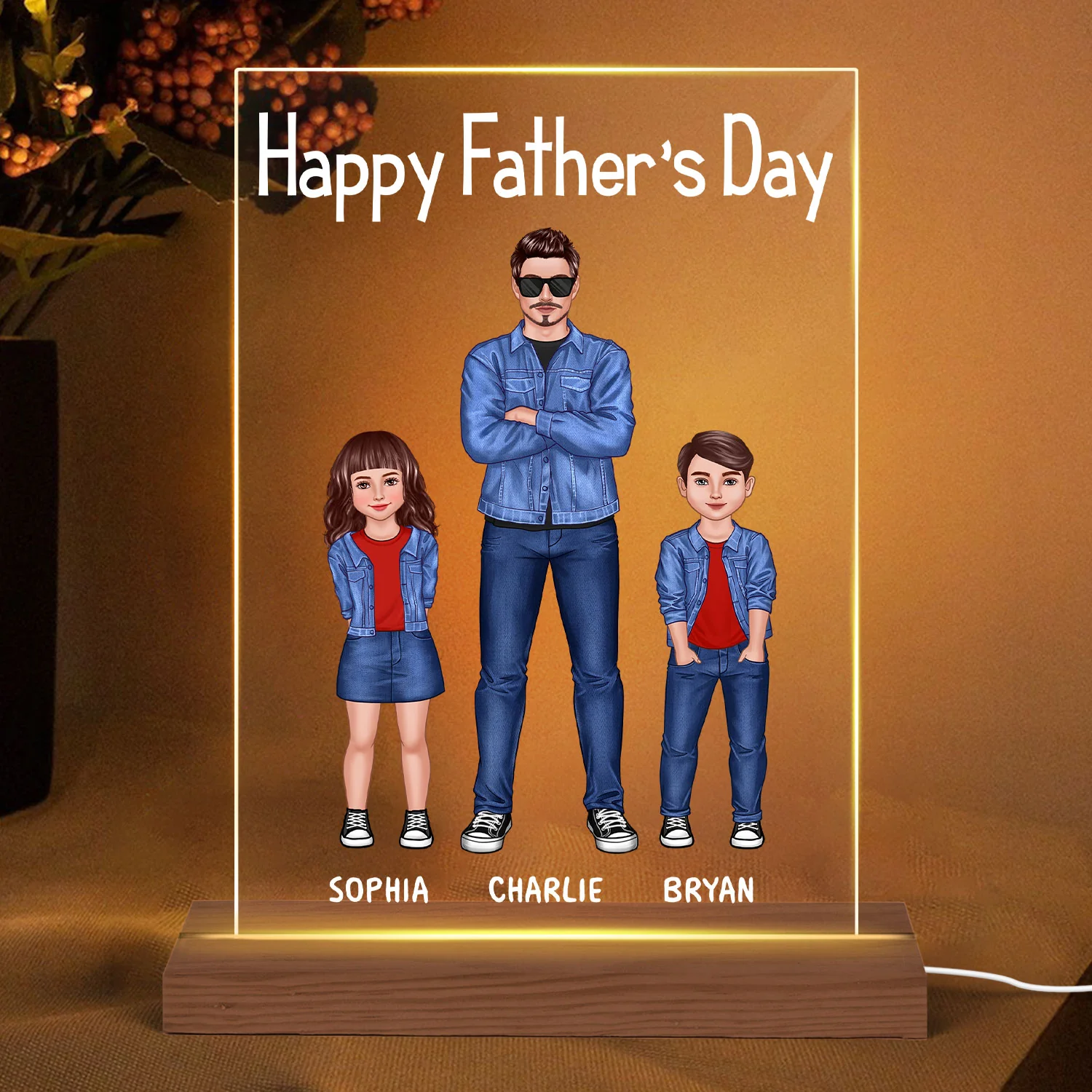 Dad And Kids Standing Front View Personalized Rectangle Acrylic LED Night Light