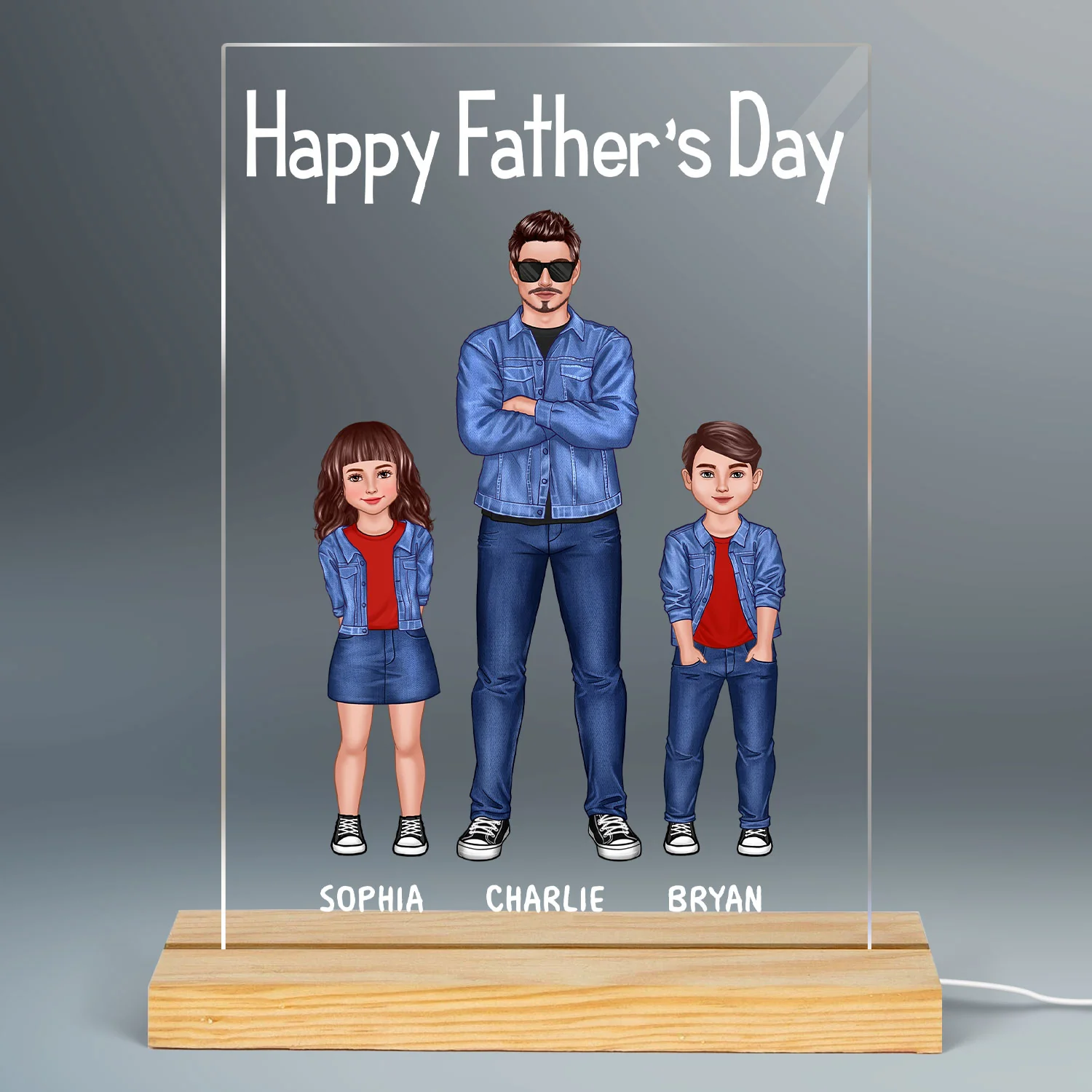 Dad And Kids Standing Front View Personalized Rectangle Acrylic LED Night Light - Image 2