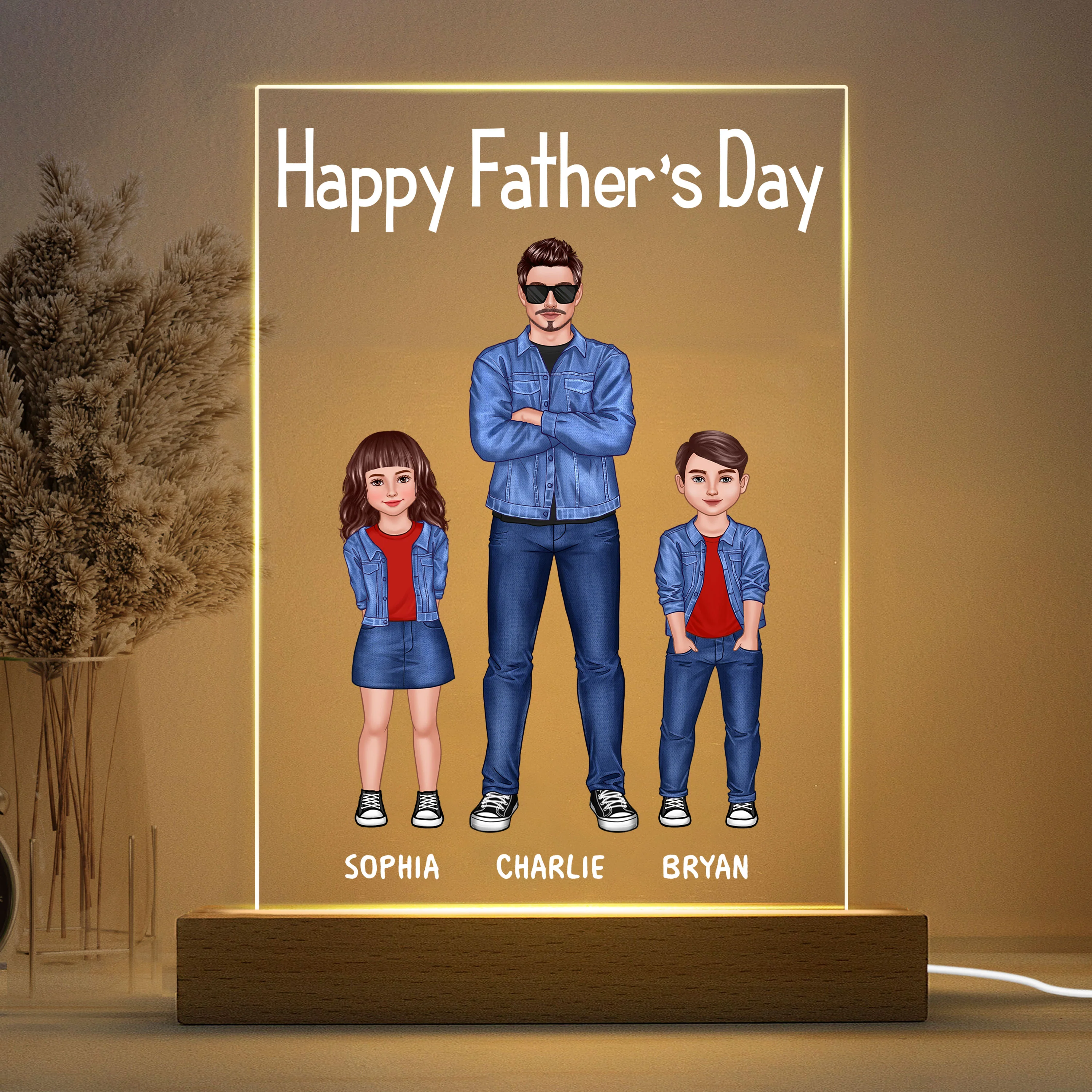 Dad And Kids Standing Front View Personalized Rectangle Acrylic LED Night Light - Image 3