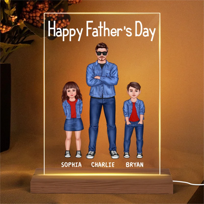 Dad And Kids Standing Front View Personalized Rectangle Acrylic LED Night Light - Image 4