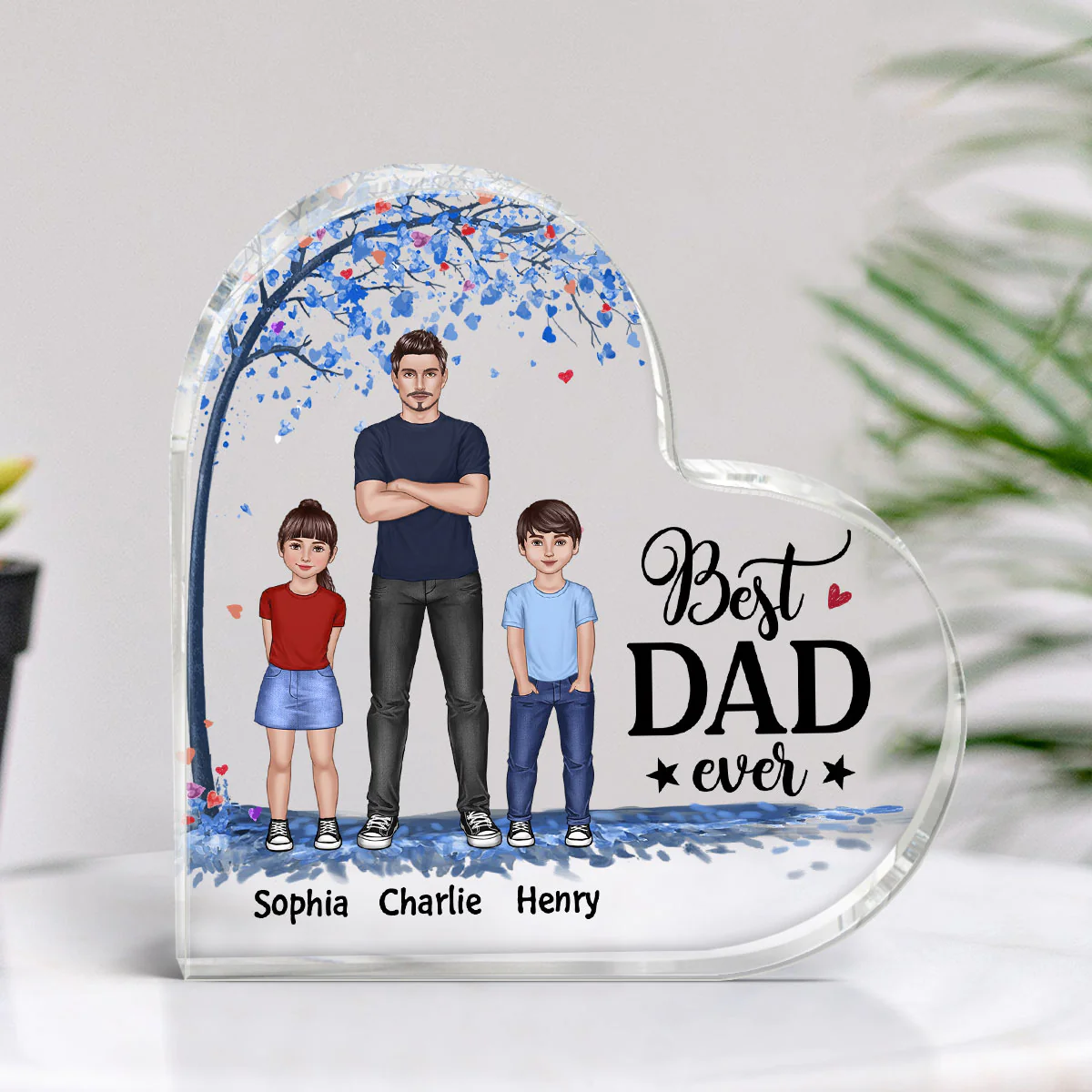 Dad And Kids Standing Front View Under Blue Tree Personalized Heart Acrylic Plaque
