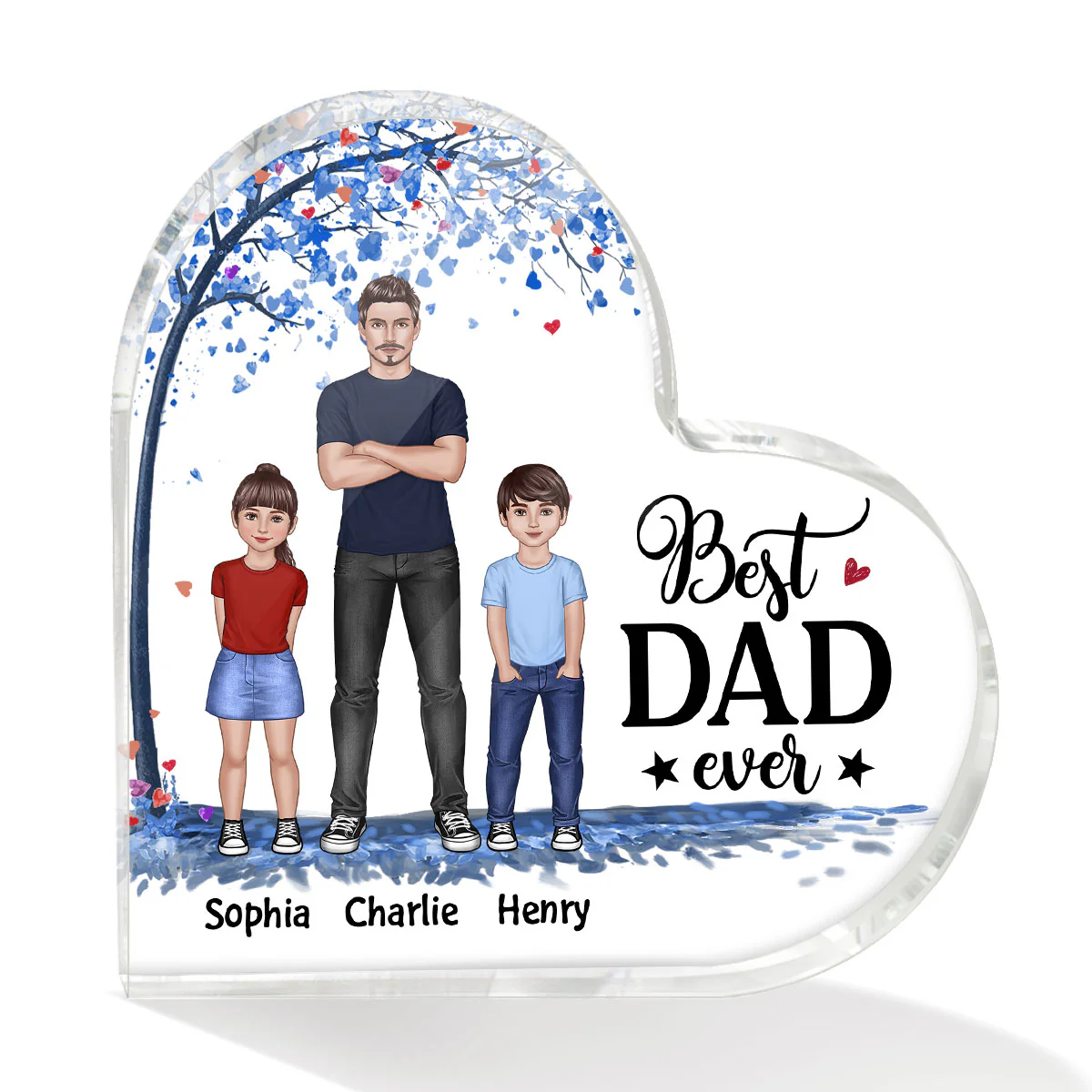 Dad And Kids Standing Front View Under Blue Tree Personalized Heart Acrylic Plaque - Image 2