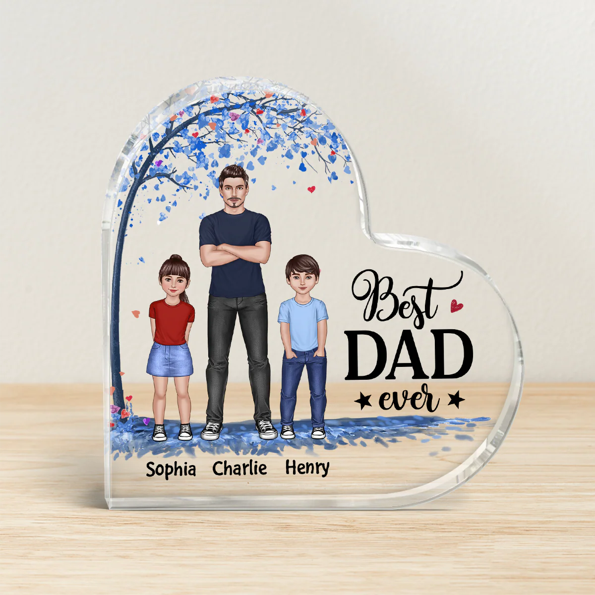 Dad And Kids Standing Front View Under Blue Tree Personalized Heart Acrylic Plaque - Image 3
