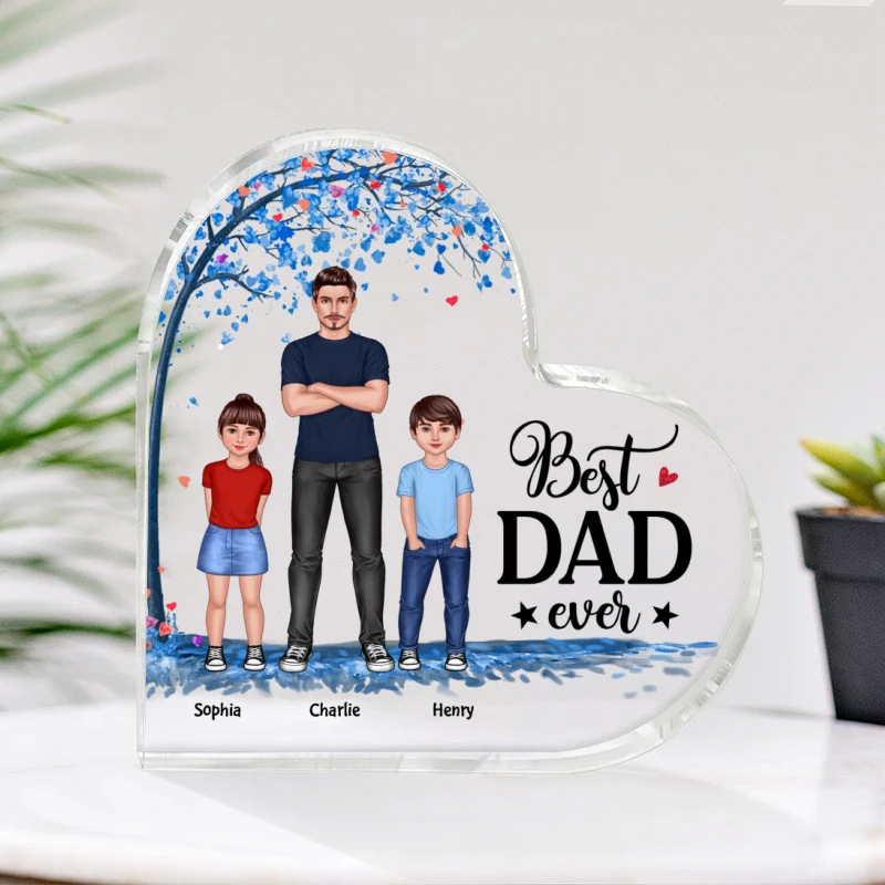 Dad And Kids Standing Front View Under Blue Tree Personalized Heart Acrylic Plaque - Image 4