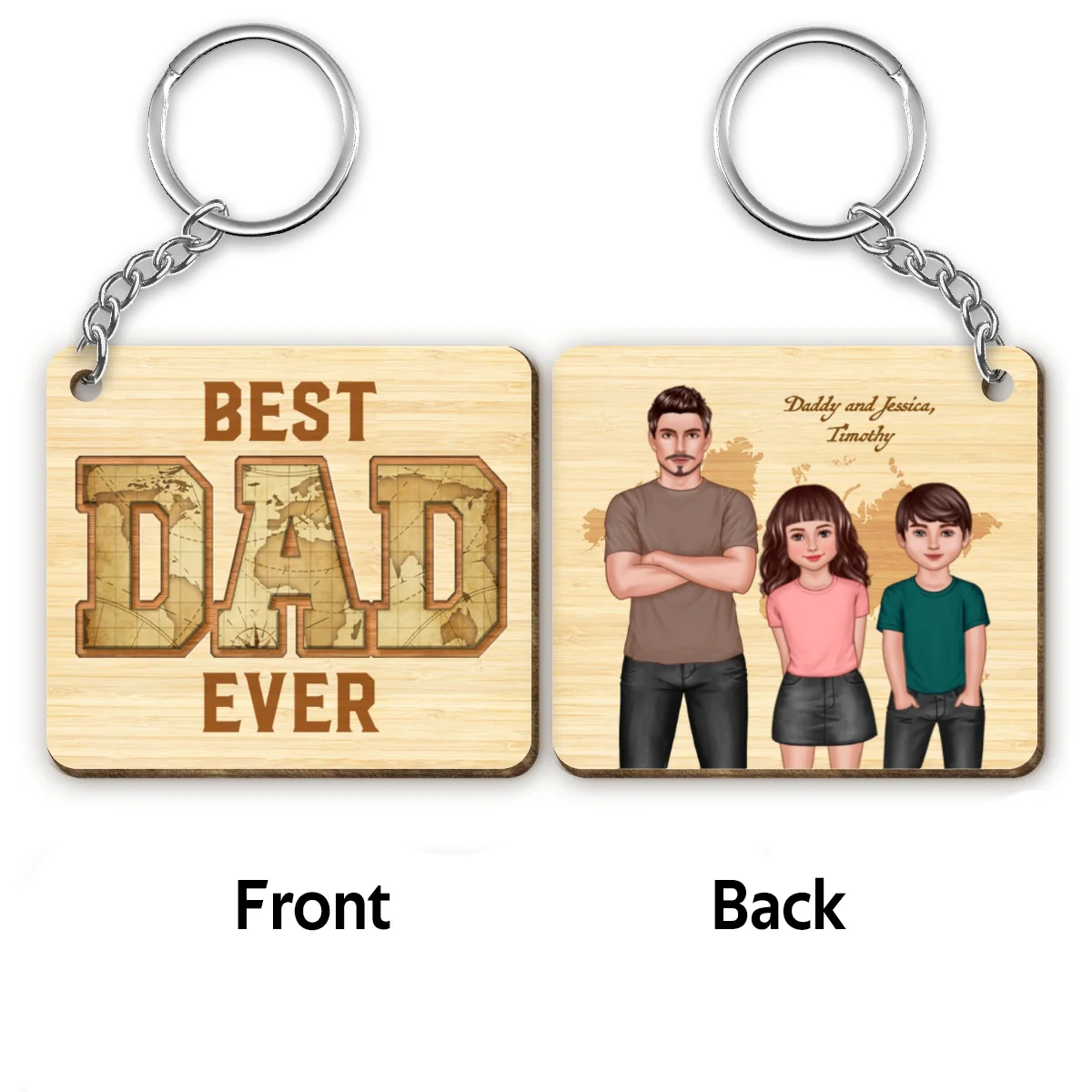 Dad And Kids Standing Front View World Map Personalized Wooden Keychain - Image 4