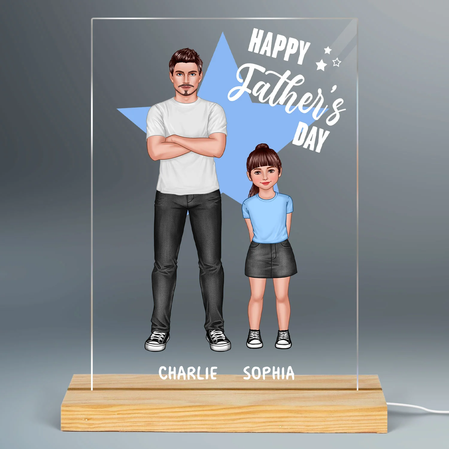 Dad And Kids Standing Star Background Personalized Rectangle Acrylic LED Night Light - Image 2