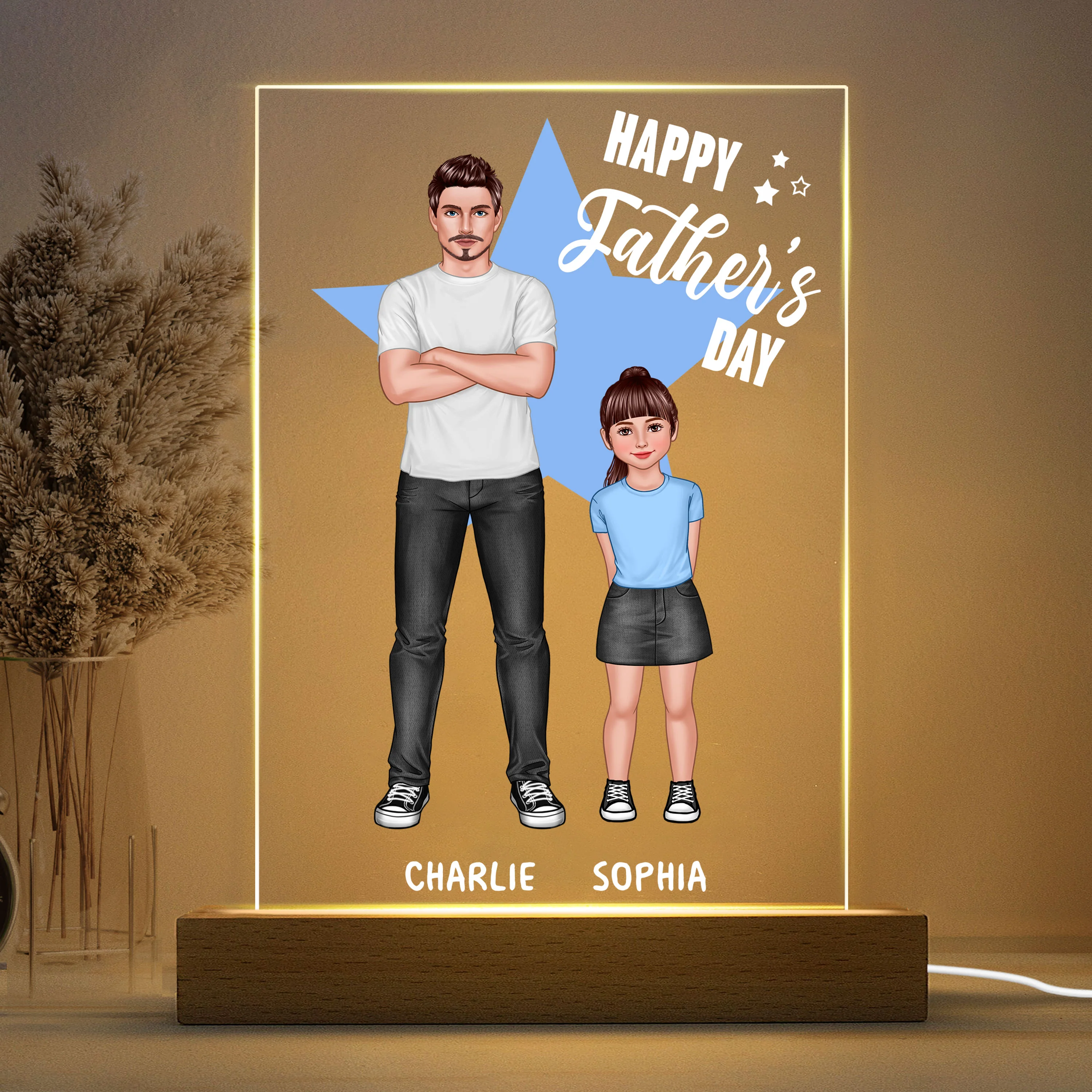 Dad And Kids Standing Star Background Personalized Rectangle Acrylic LED Night Light - Image 3