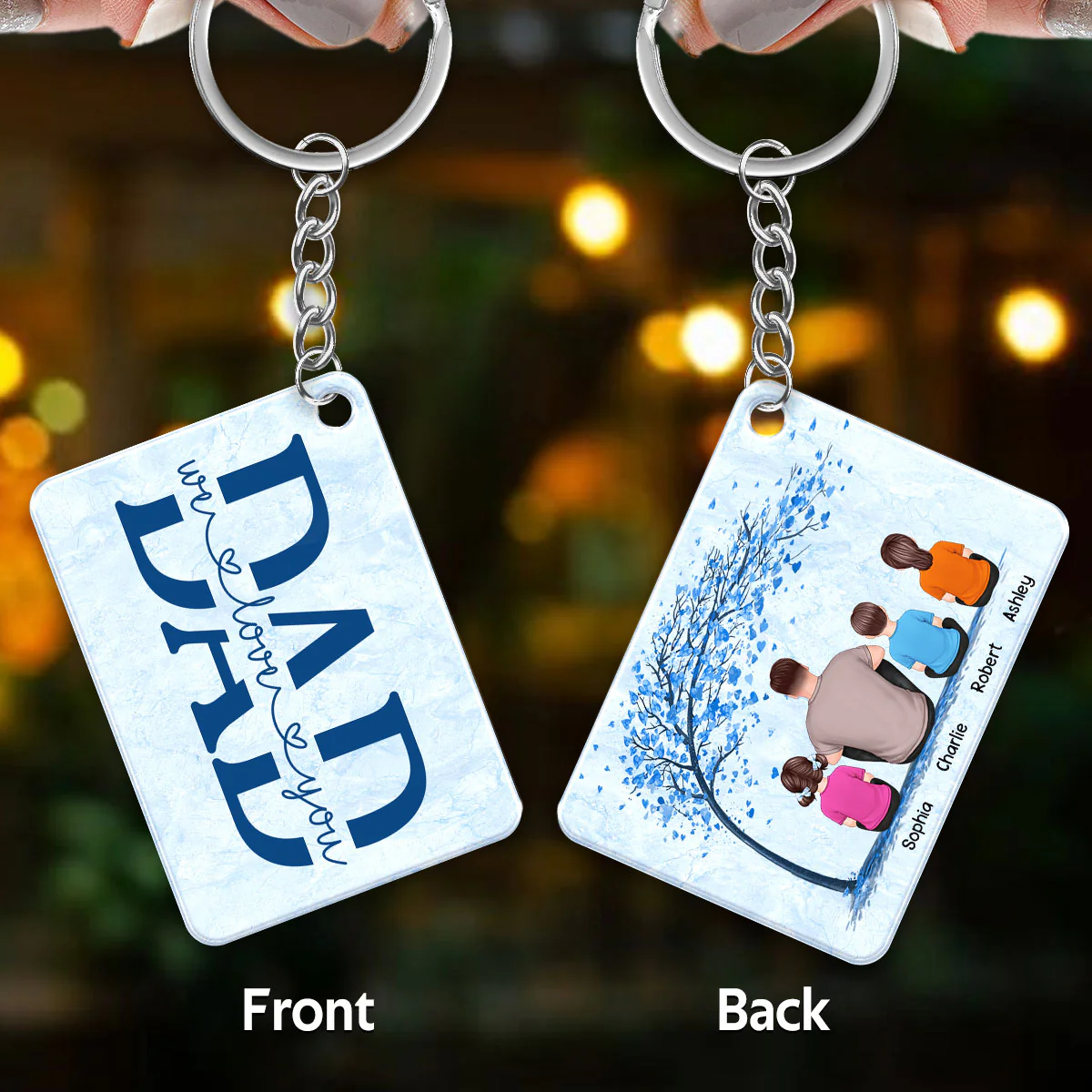 Dad And Kids Under Blue Tree Personalized Acrylic Keychain - Image 3