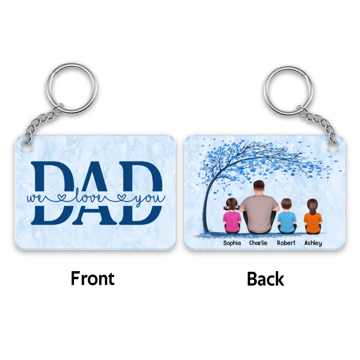 Dad And Kids Under Blue Tree Personalized Acrylic Keychain - Image 4