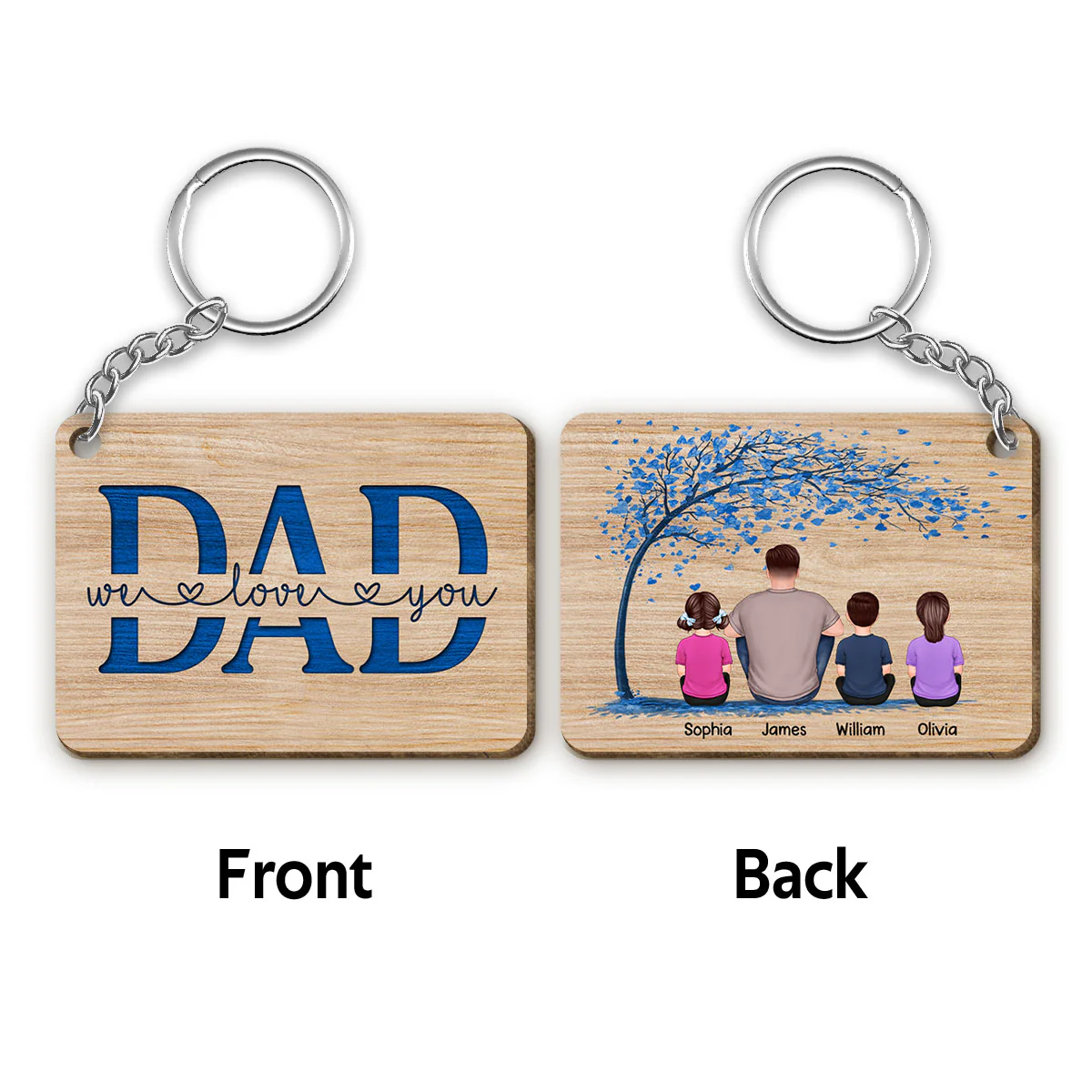 Dad And Kids Under Blue Tree Personalized Wooden Keychain