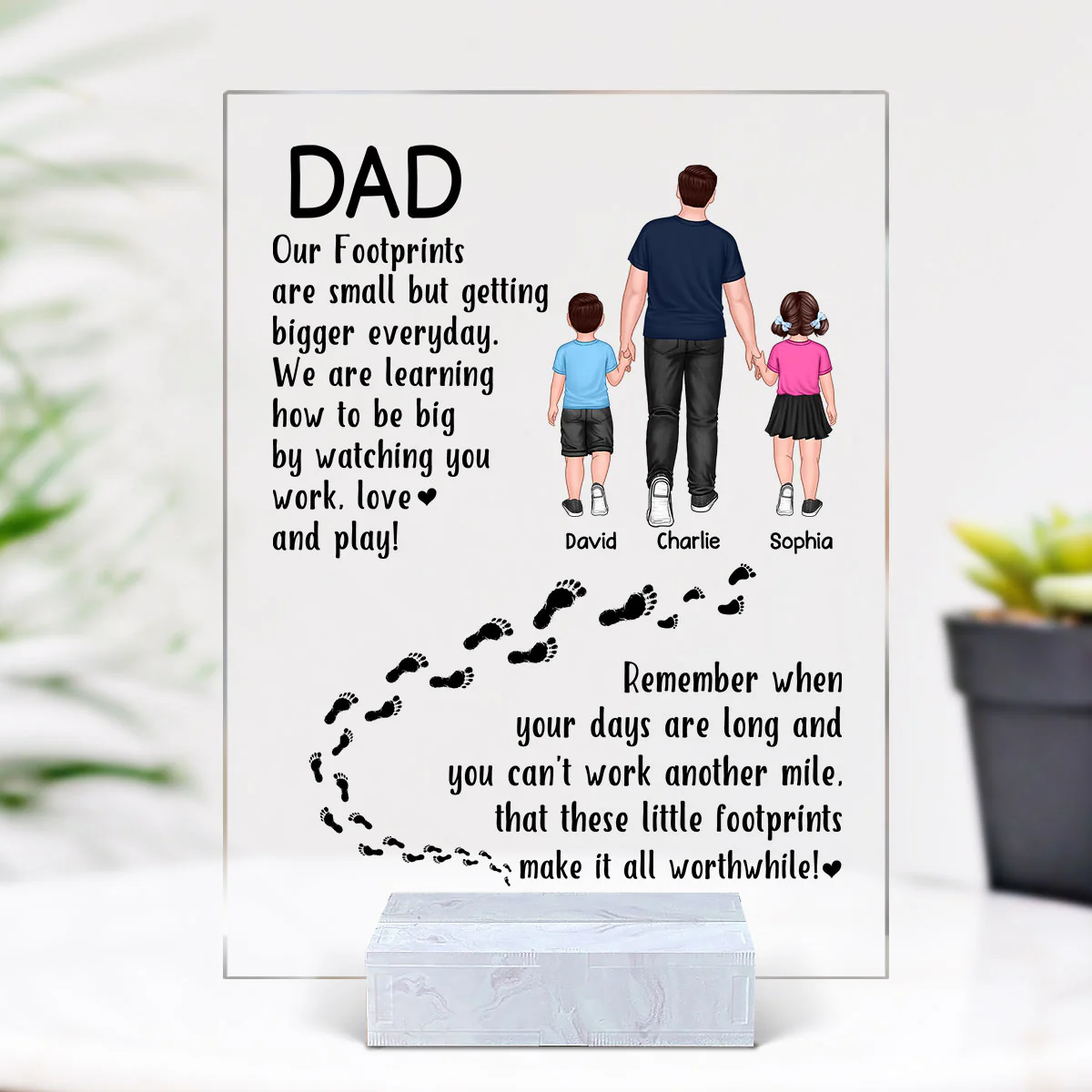 Dad And Kids Walking Back View Footprints Personalized Acrylic Plaque