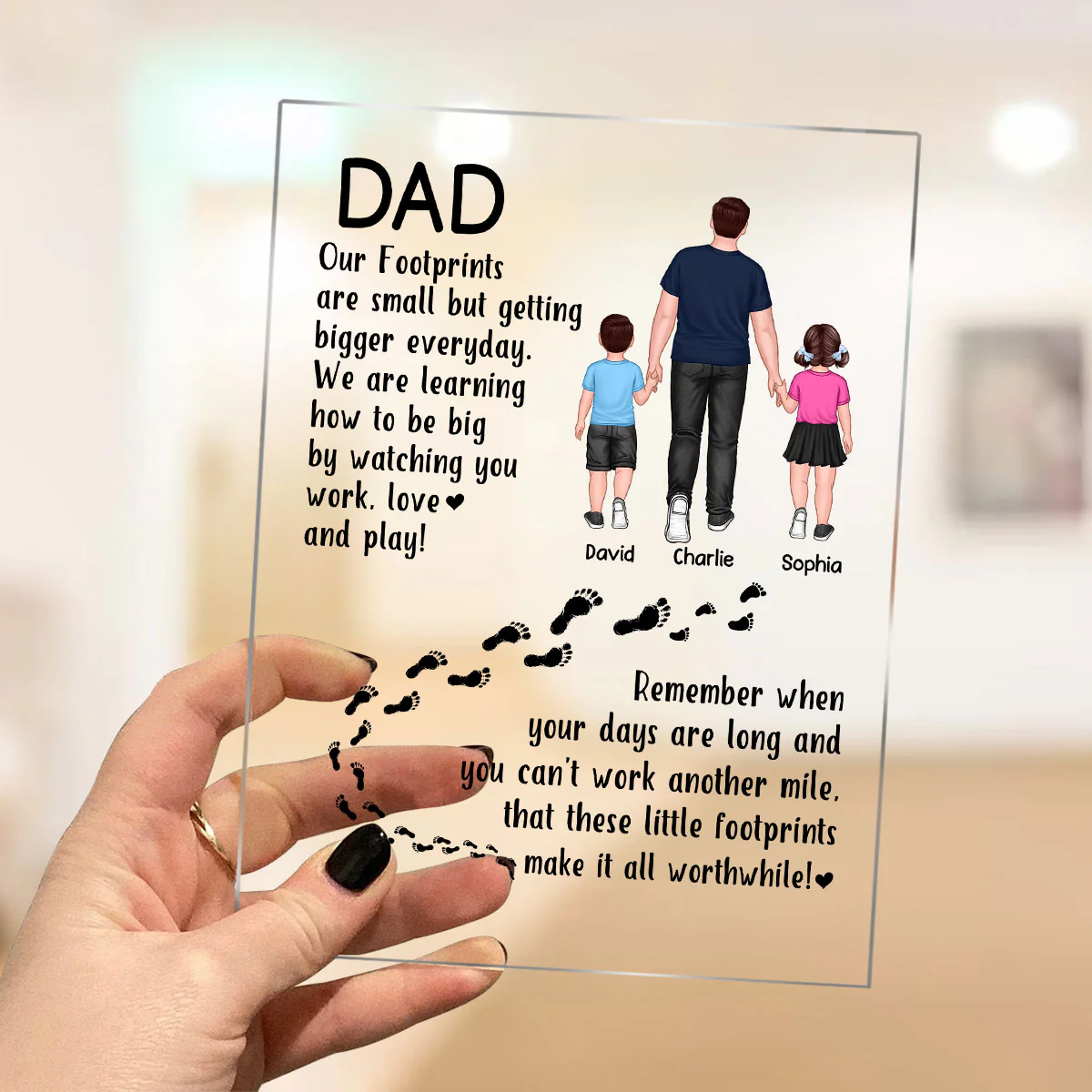 Dad And Kids Walking Back View Footprints Personalized Acrylic Plaque - Image 3