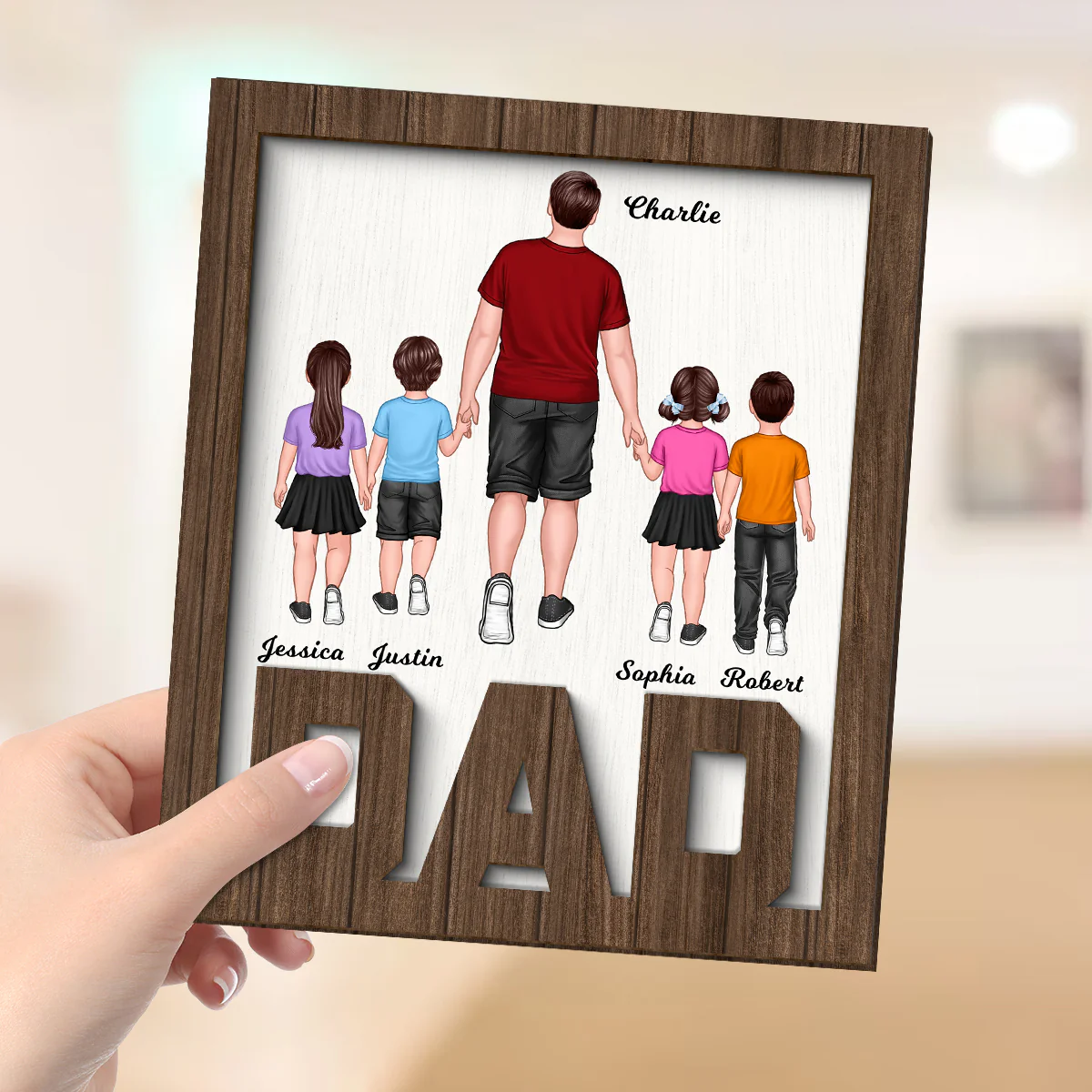Dad And Kids Walking Back View Personalized 2-Layer Wooden Plaque - Image 4