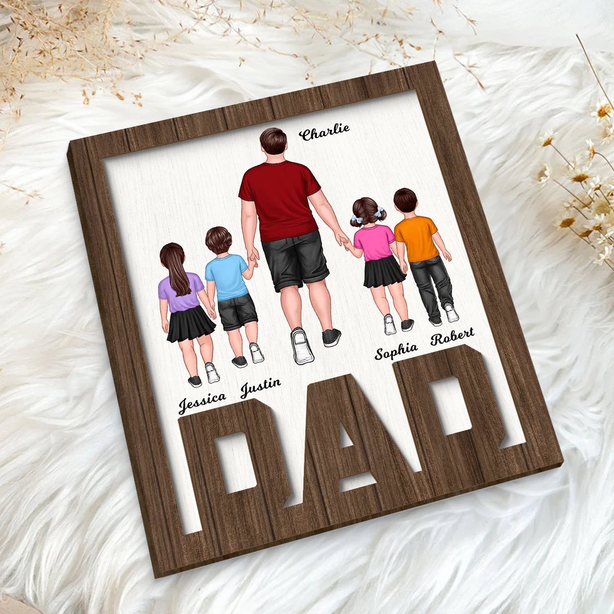 Dad And Kids Walking Back View Personalized 2-Layer Wooden Plaque - Image 5