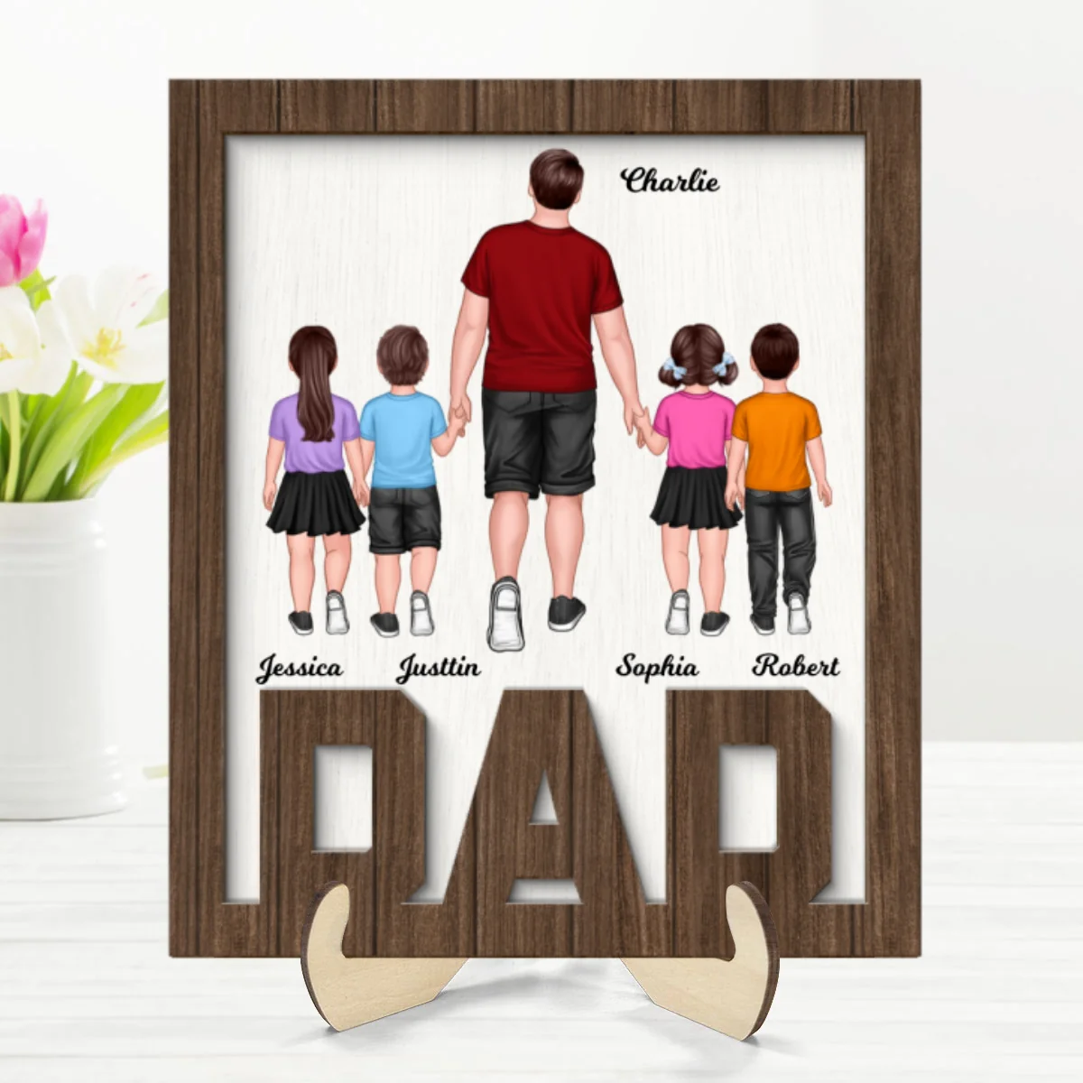 Dad And Kids Walking Back View Personalized 2-Layer Wooden Plaque - Image 8