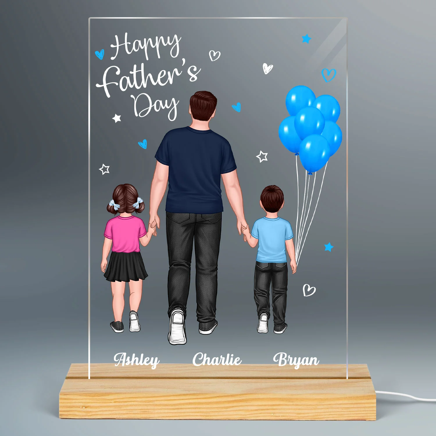 Dad And Kids Walking Blue Balloon Personalized Rectangle Acrylic LED Night Light - Image 2