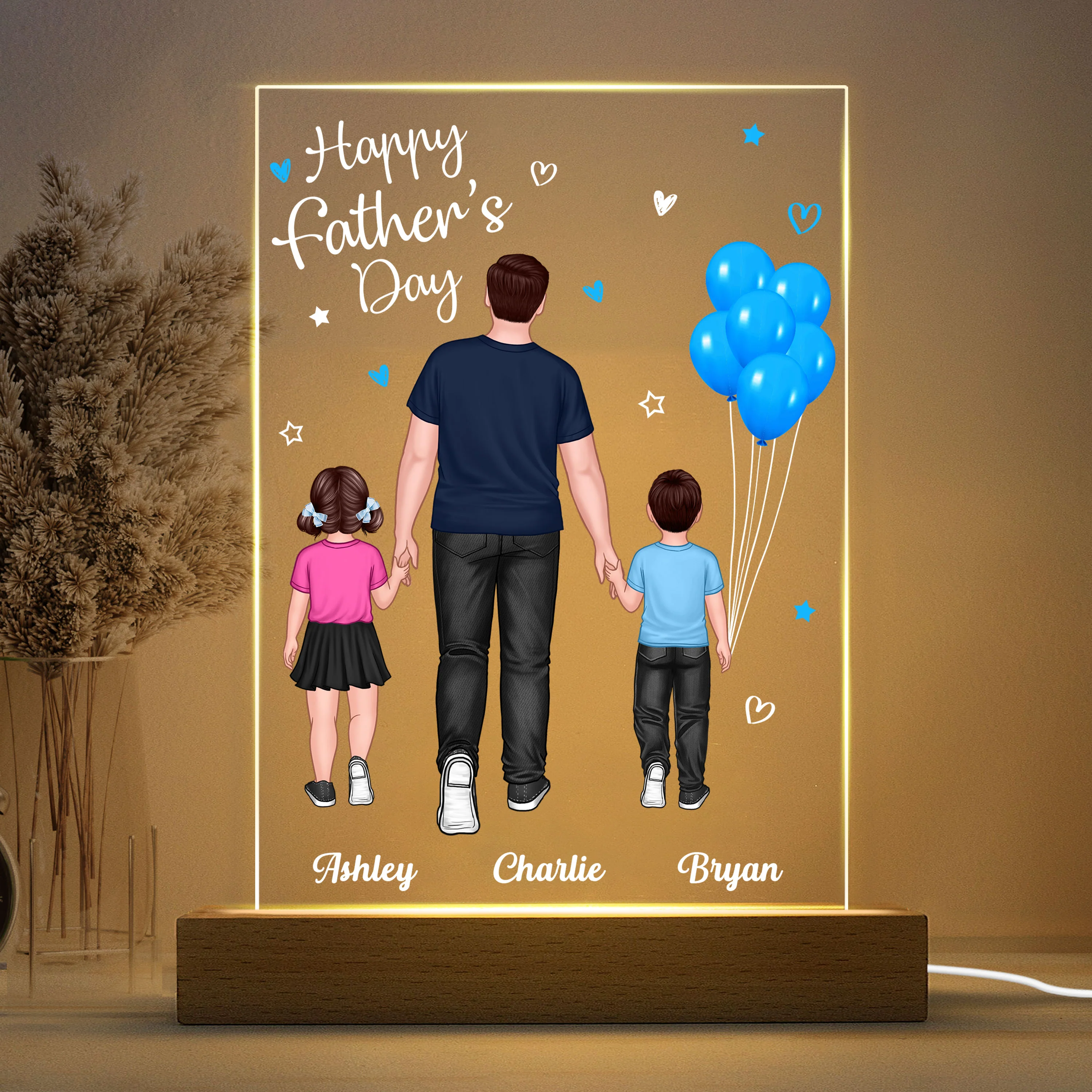 Dad And Kids Walking Blue Balloon Personalized Rectangle Acrylic LED Night Light - Image 3