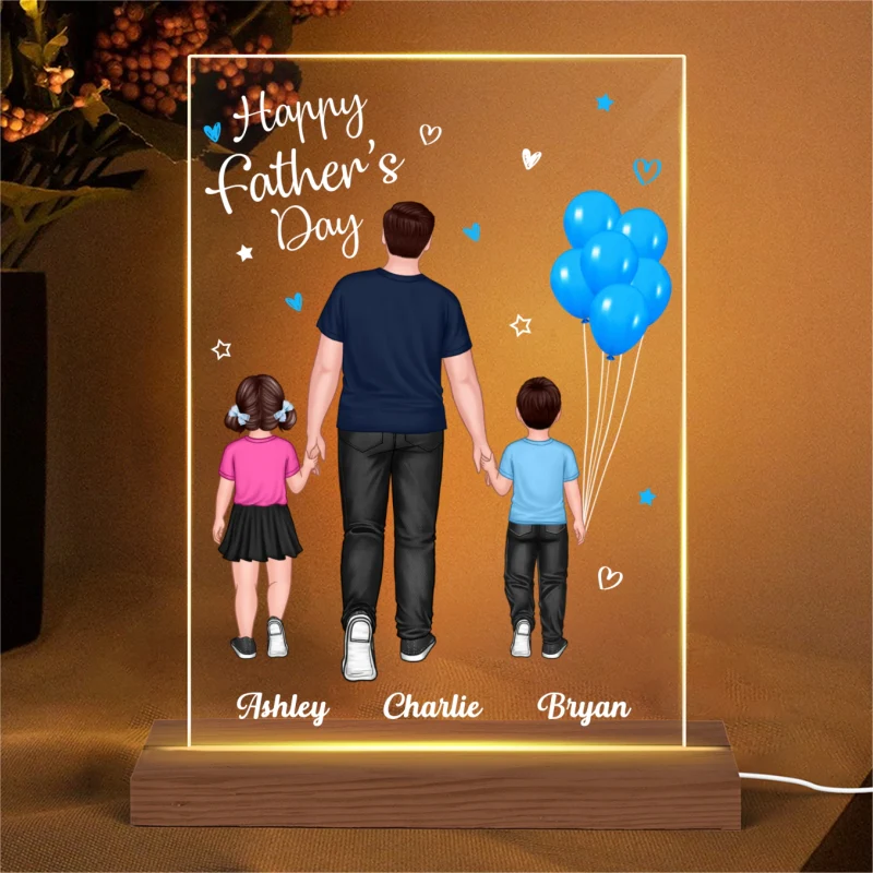 Dad And Kids Walking Blue Balloon Personalized Rectangle Acrylic LED Night Light - Image 4