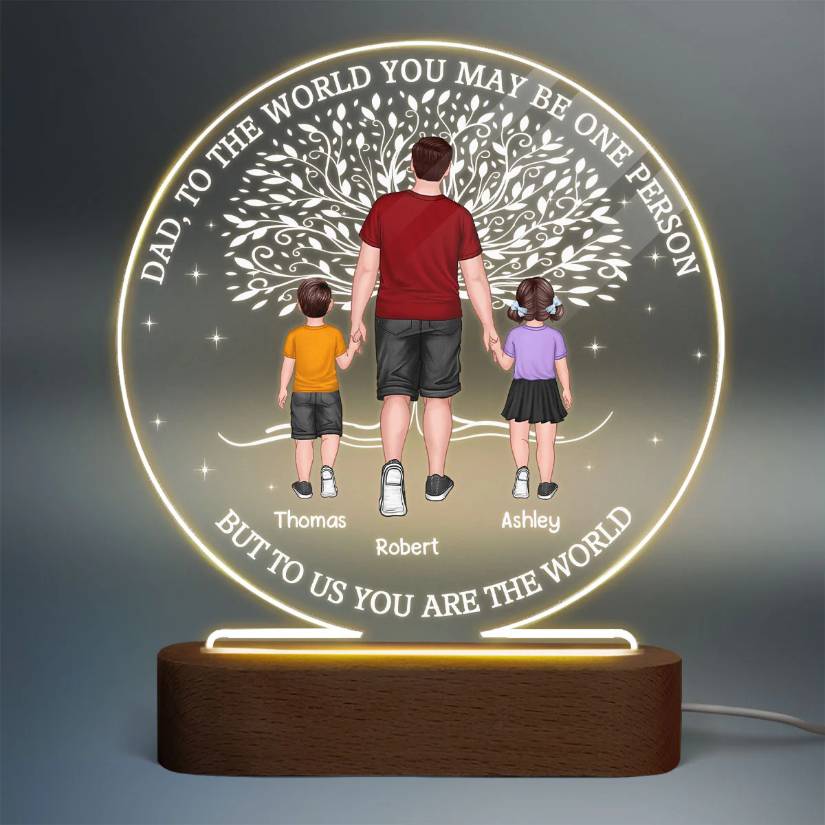 Dad And Kids Walking Under Tree Personalized Circle Acrylic LED Night Light - Image 2