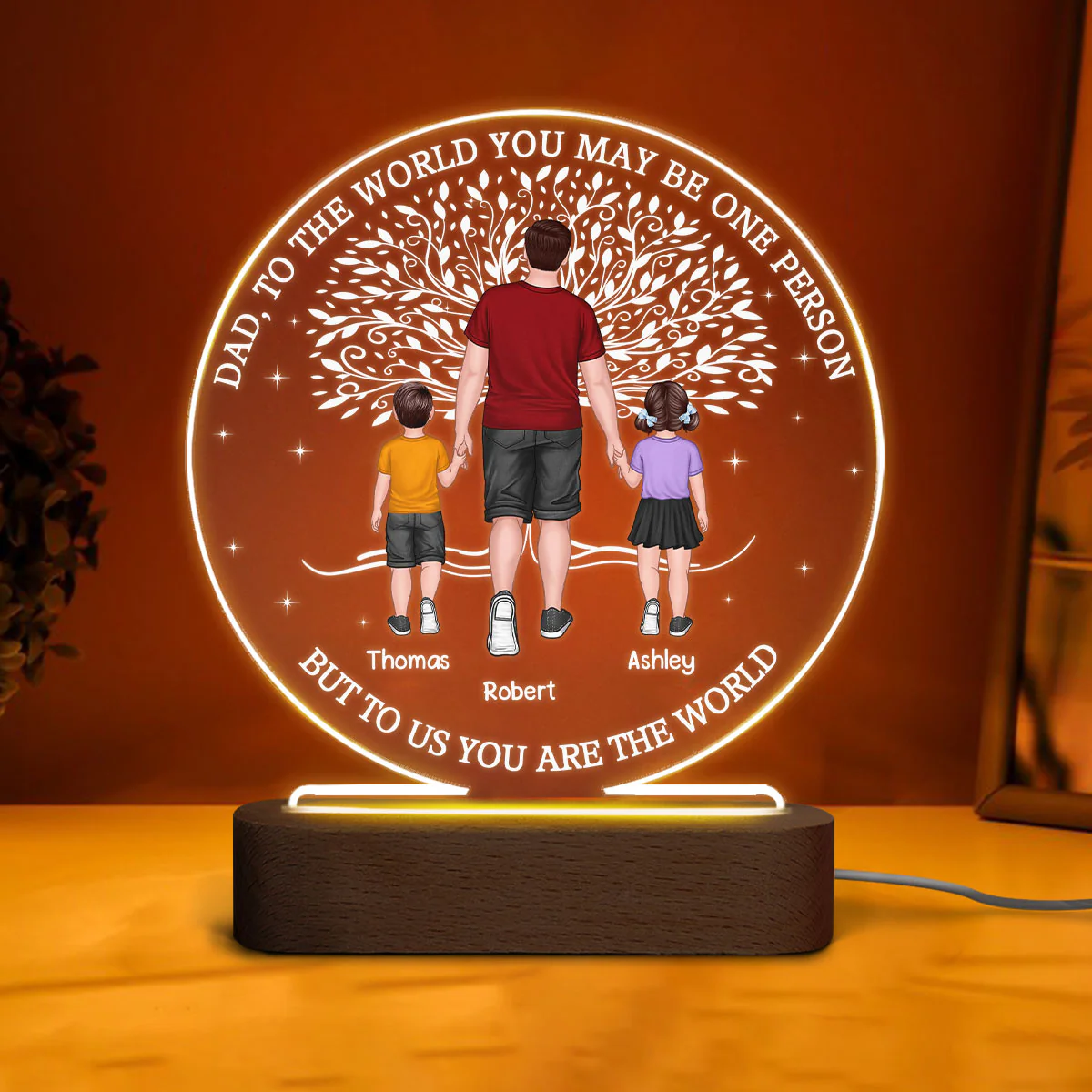 Dad And Kids Walking Under Tree Personalized Circle Acrylic LED Night Light - Image 3