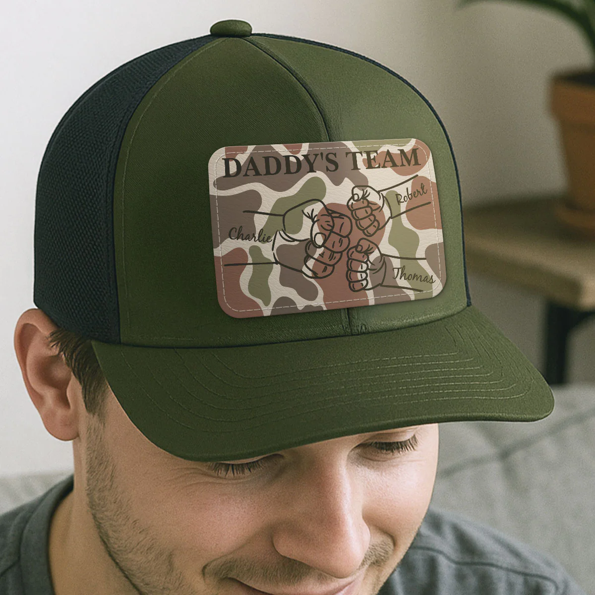 Dad Camouflage Pattern Fist Bump Outline Personalized Leather Patch Hat - Image 5