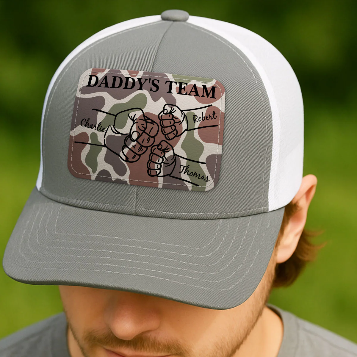 Dad Camouflage Pattern Fist Bump Outline Personalized Leather Patch Hat - Image 6