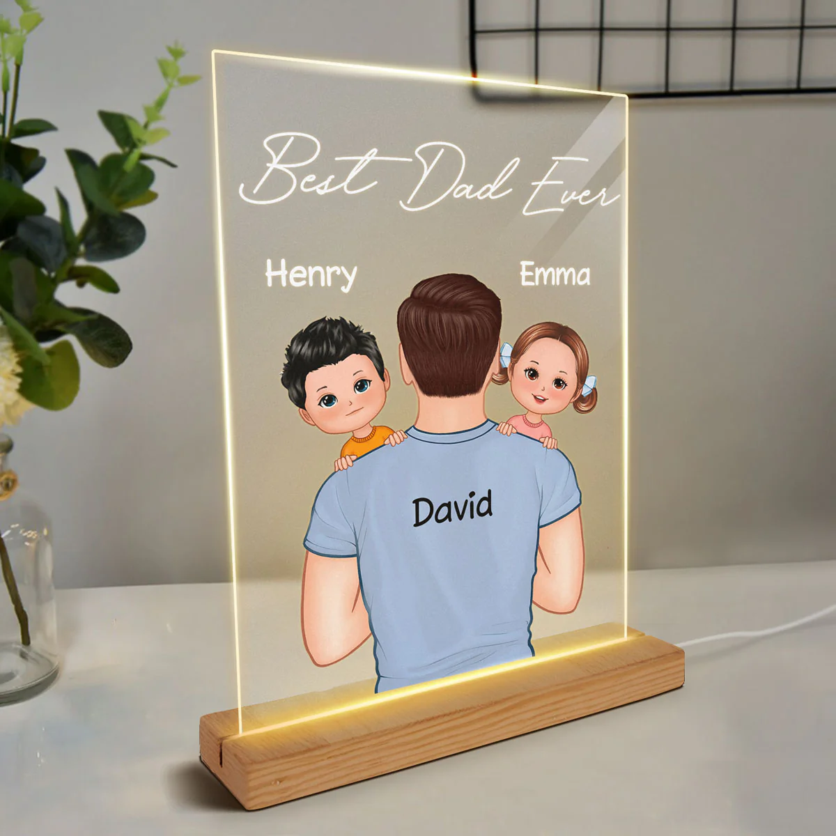 Dad Carrying Kids On Shoulder Gift For Dad Personalized Rectangle LED Night Light - Image 3
