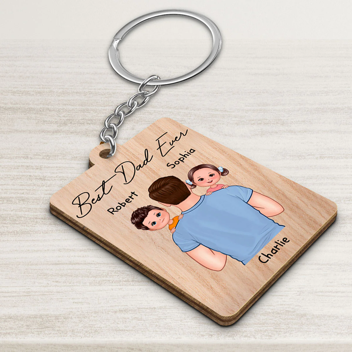 Dad Carrying Kids On Shoulder Gift For Dad Personalized Wooden Keychain - Image 3