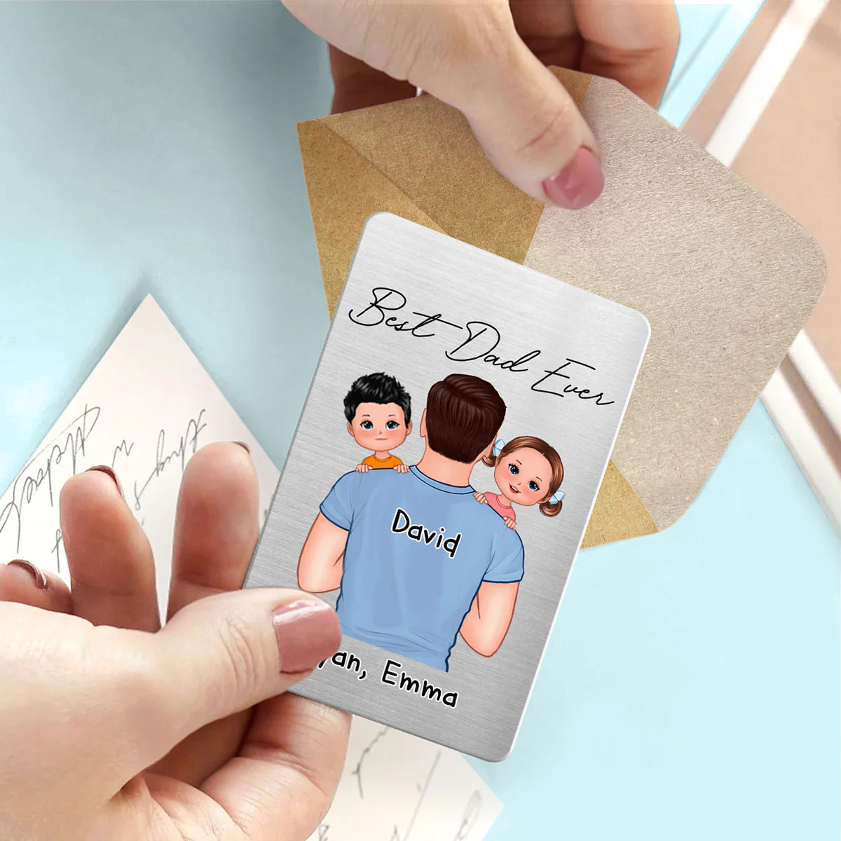 Dad Carrying Kids On Shoulder Gift For Dads Personalized Metal Wallet Card - Image 3
