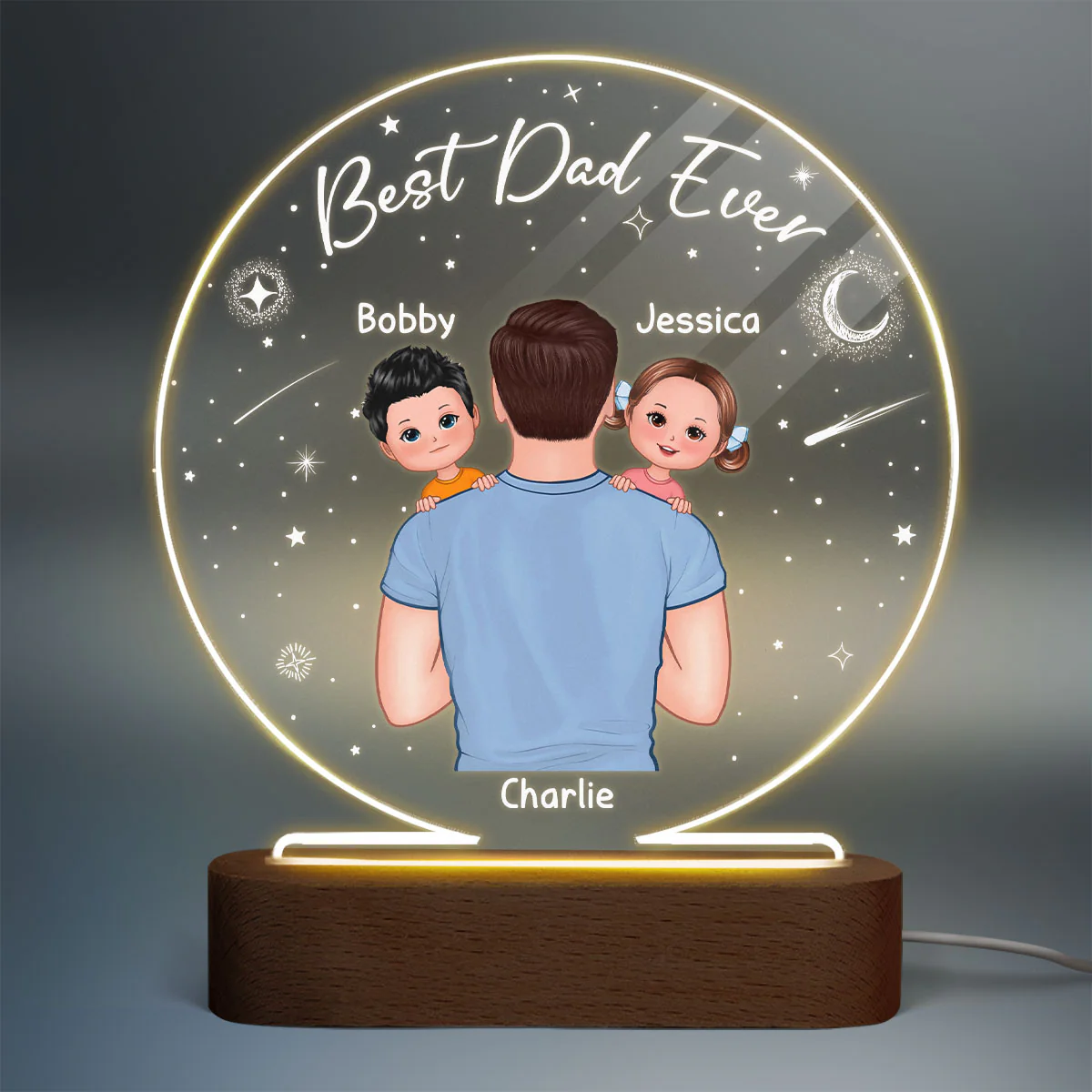 Dad Carrying Kids On Shoulder Personalized Circle LED Night Light - Image 2