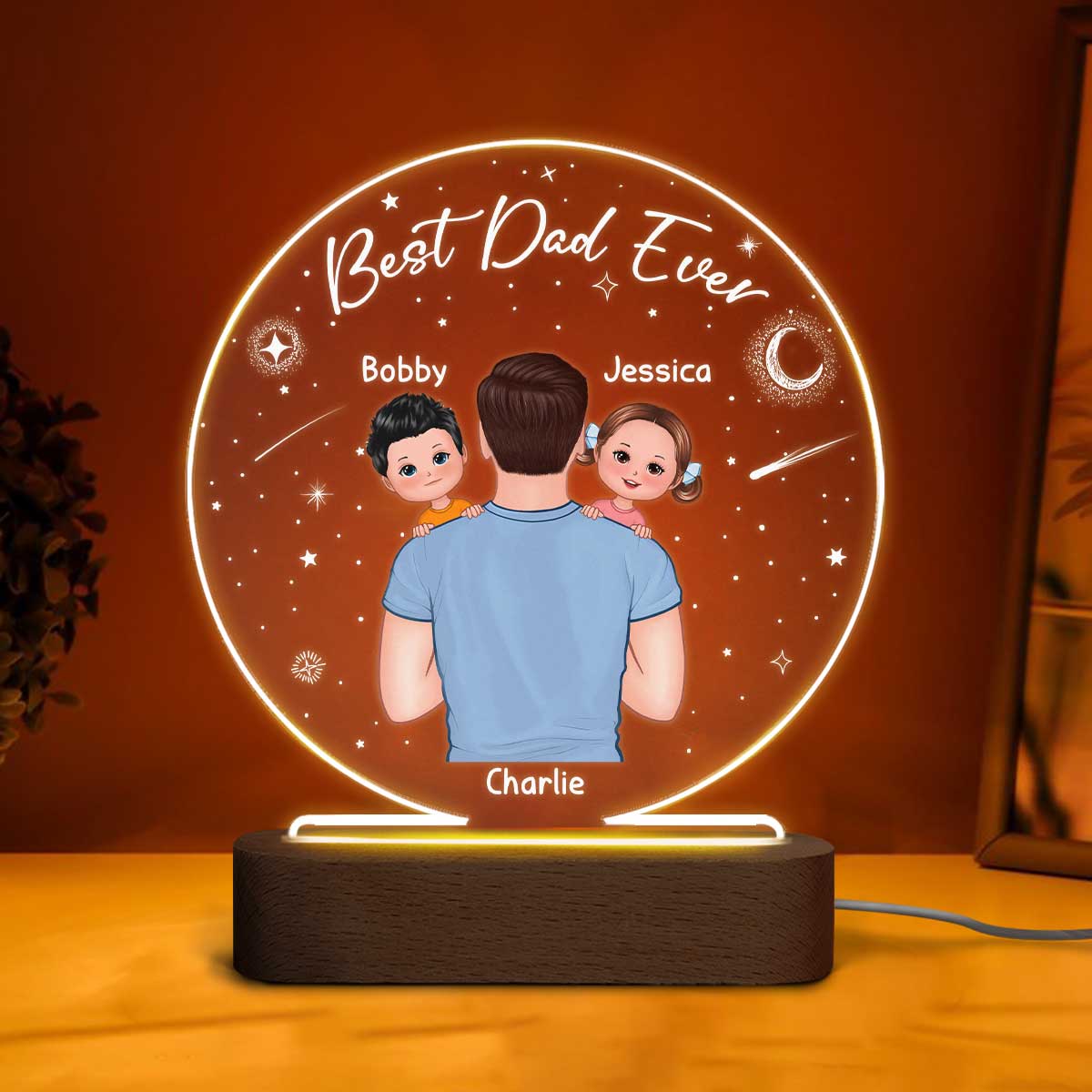 Dad Carrying Kids On Shoulder Personalized Circle LED Night Light - Image 3