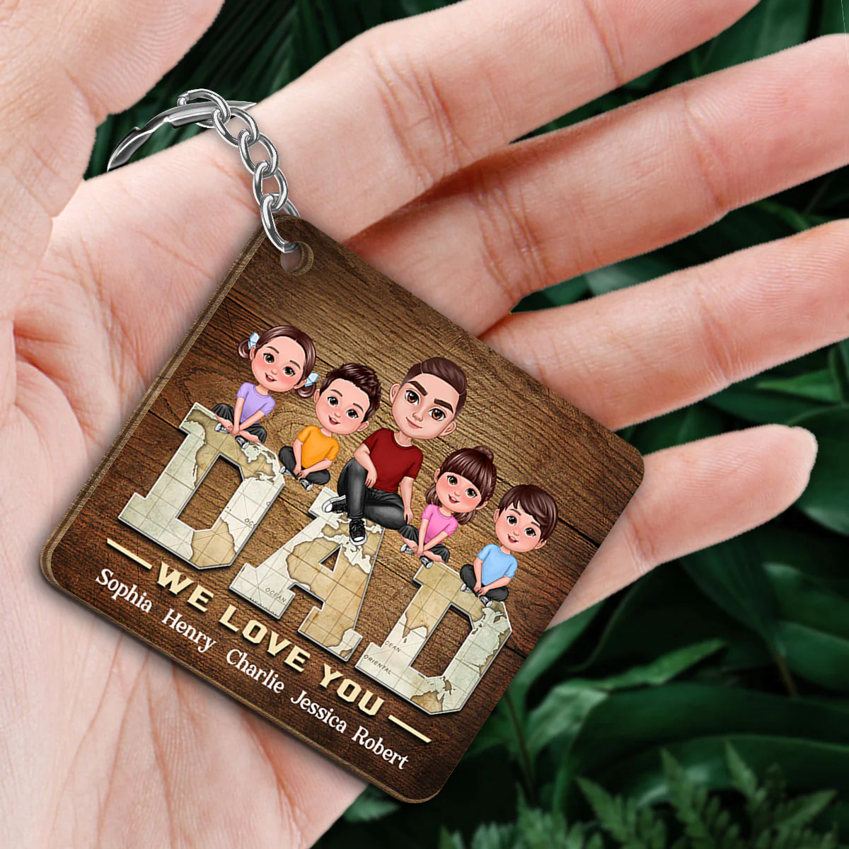 Dad Doll Man And Kids On World Map Text Personalized Wooden Keychain - Image 2