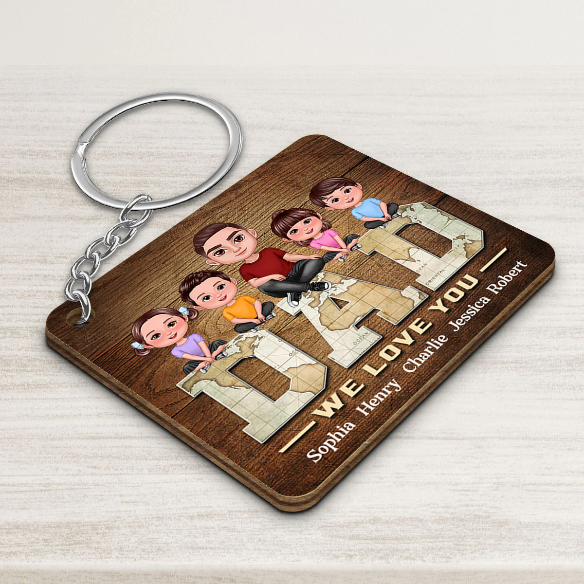 Dad Doll Man And Kids On World Map Text Personalized Wooden Keychain - Image 3