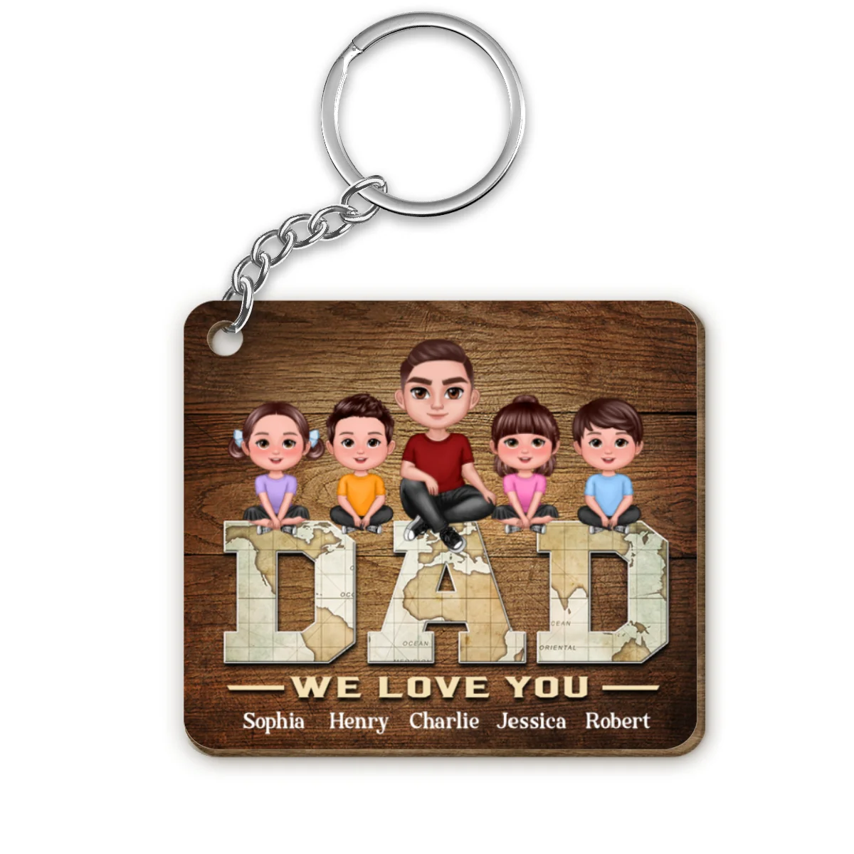 Dad Doll Man And Kids On World Map Text Personalized Wooden Keychain - Image 4