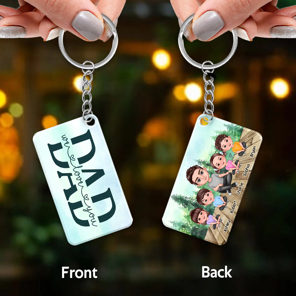 Dad Doll Sitting Man & Kids Forest Personalized Acrylic Keychain - Image 2
