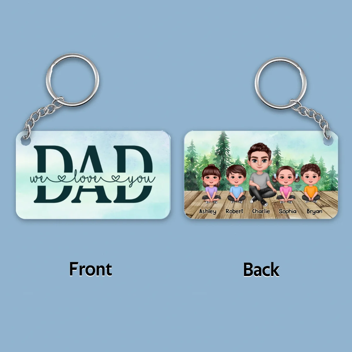 Dad Doll Sitting Man & Kids Forest Personalized Acrylic Keychain - Image 4