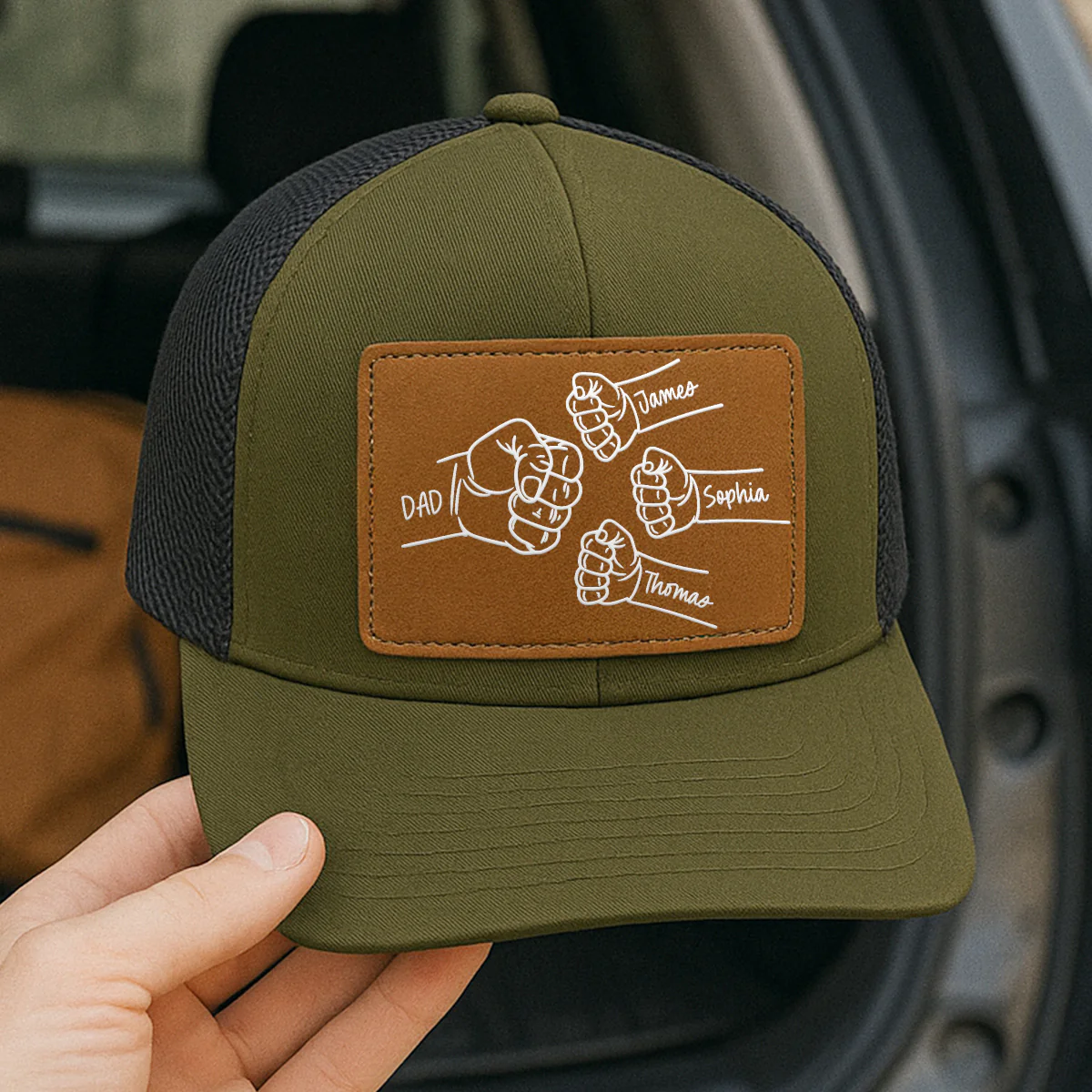 Dad Fist Bump Outline Personalized Leather Patch Hat - Image 3