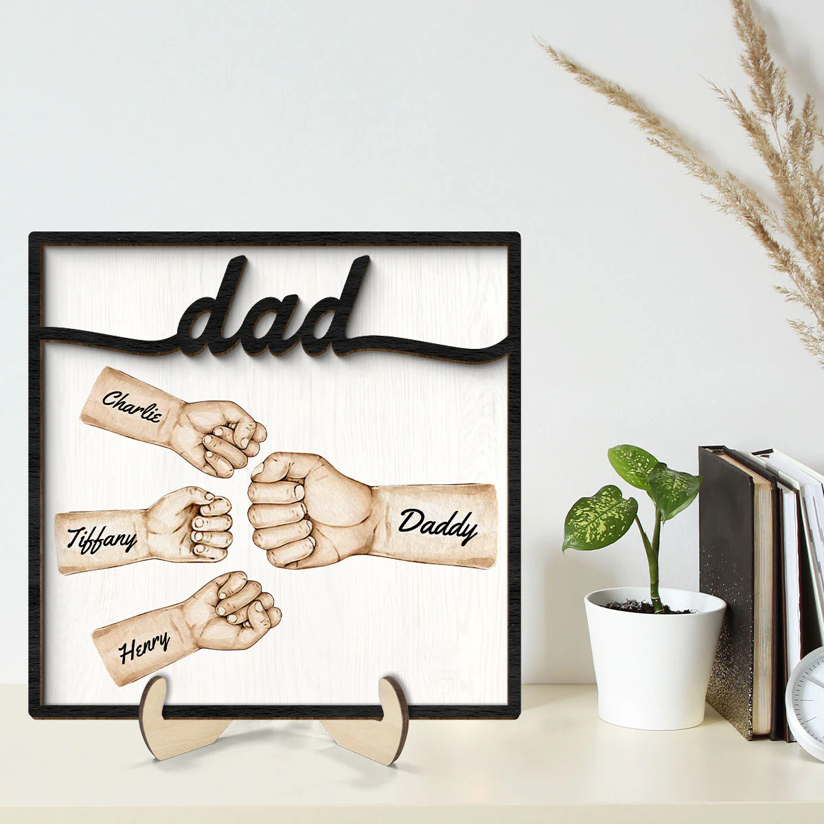 Dad Fist Bump With Kids Names Personalized 2-Layer Wooden Plaque - Image 2
