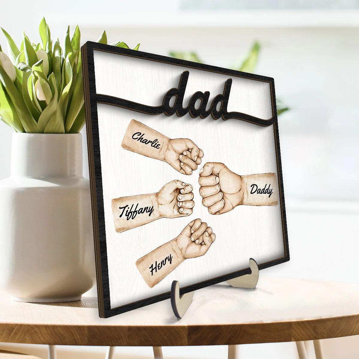 Dad Fist Bump With Kids Names Personalized 2-Layer Wooden Plaque - Image 3
