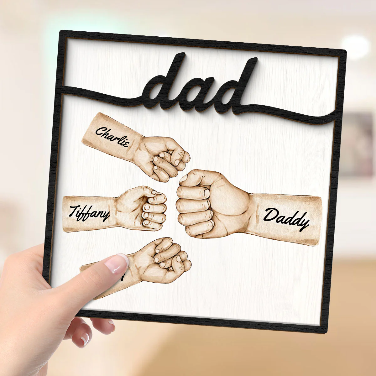 Dad Fist Bump With Kids Names Personalized 2-Layer Wooden Plaque - Image 4