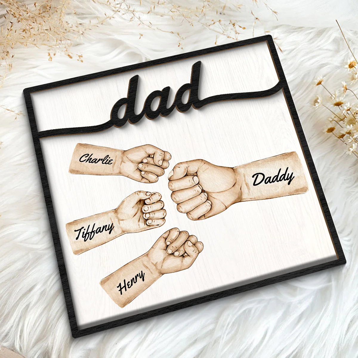 Dad Fist Bump With Kids Names Personalized 2-Layer Wooden Plaque - Image 5