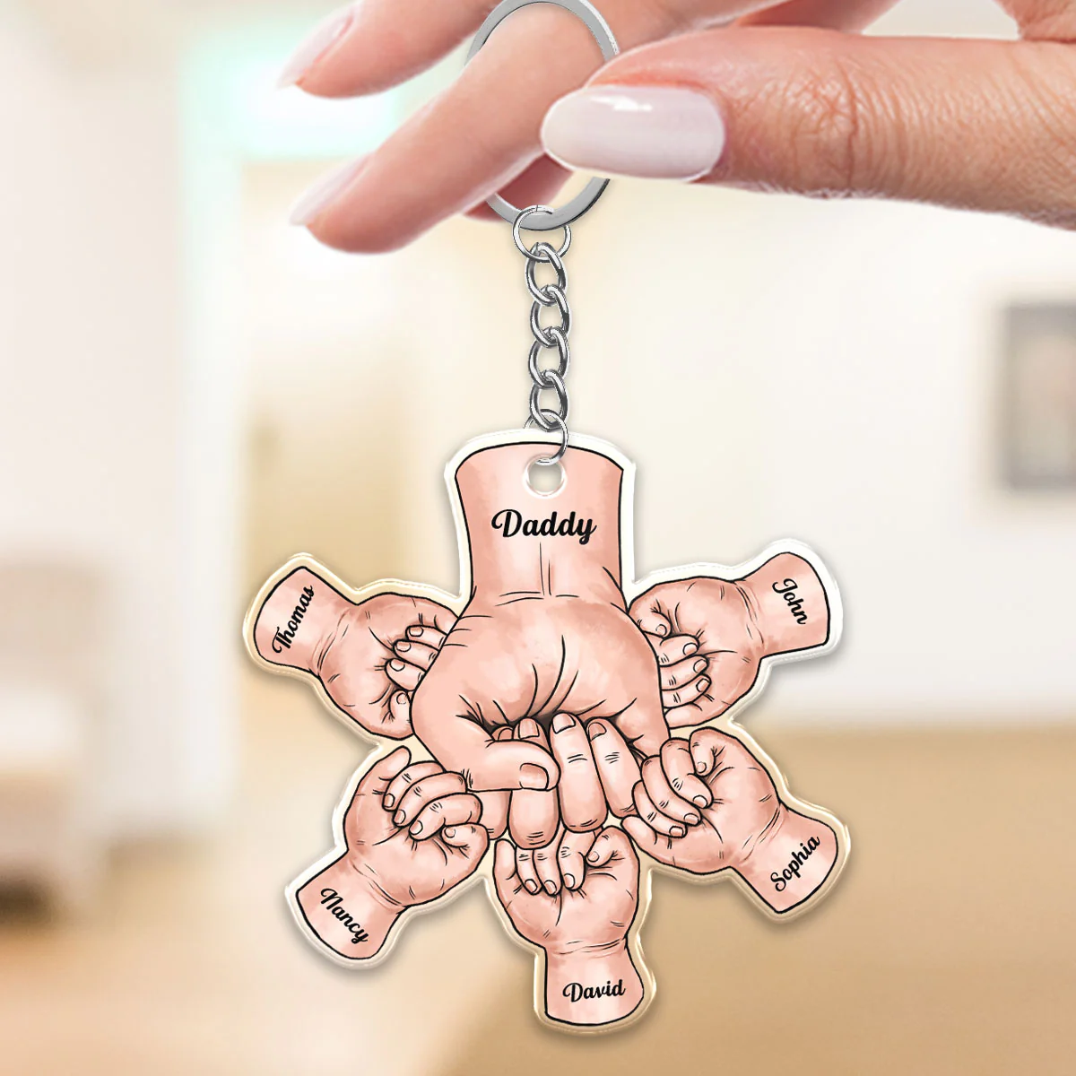 Dad Grandpa And Kids Fist Bump Hands Father‘s Day Gift Personalized Acrylic Keychain - Image 2