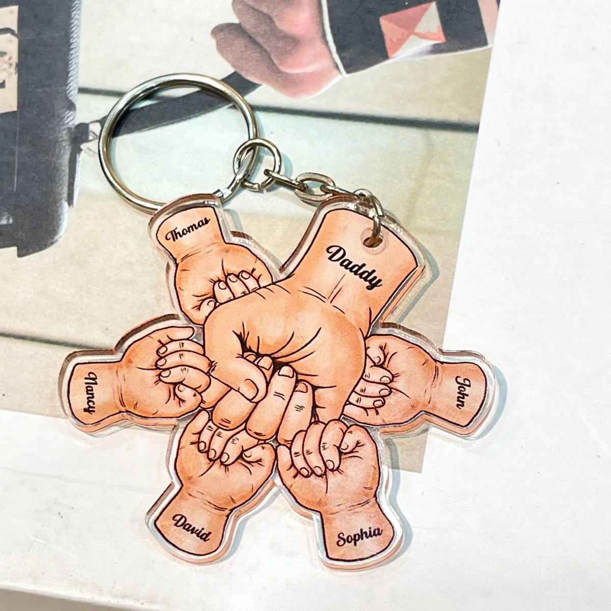 Dad Grandpa And Kids Fist Bump Hands Father‘s Day Gift Personalized Acrylic Keychain - Image 3