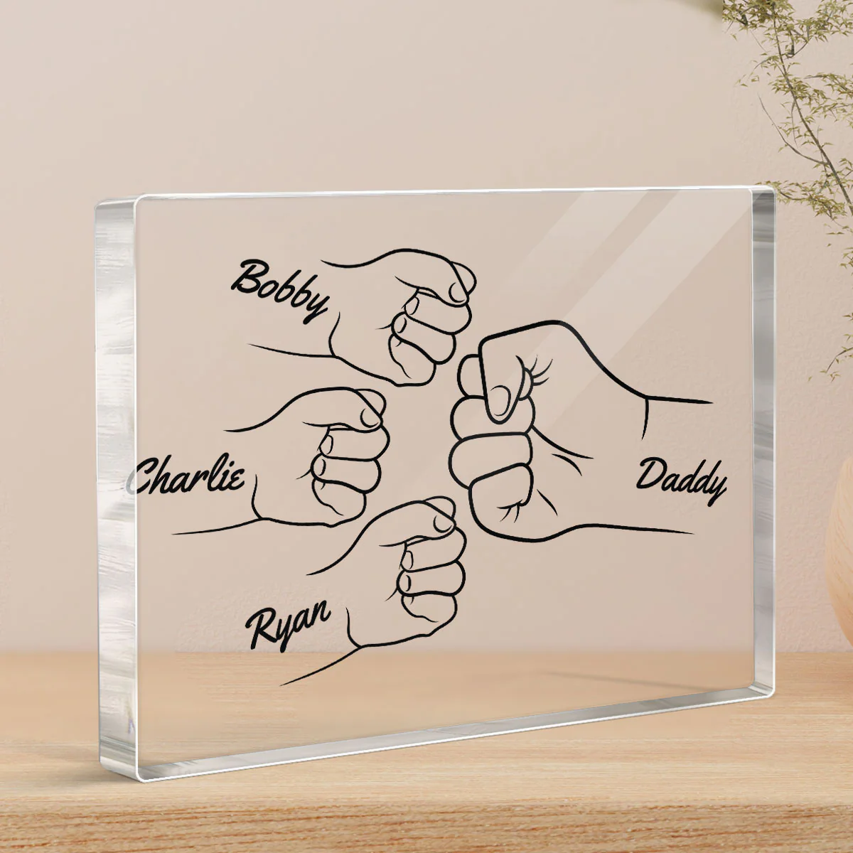 Dad Grandpa And Kids Hands Fist Bump Outline Personalized Rectangle Acrylic Block Plaque