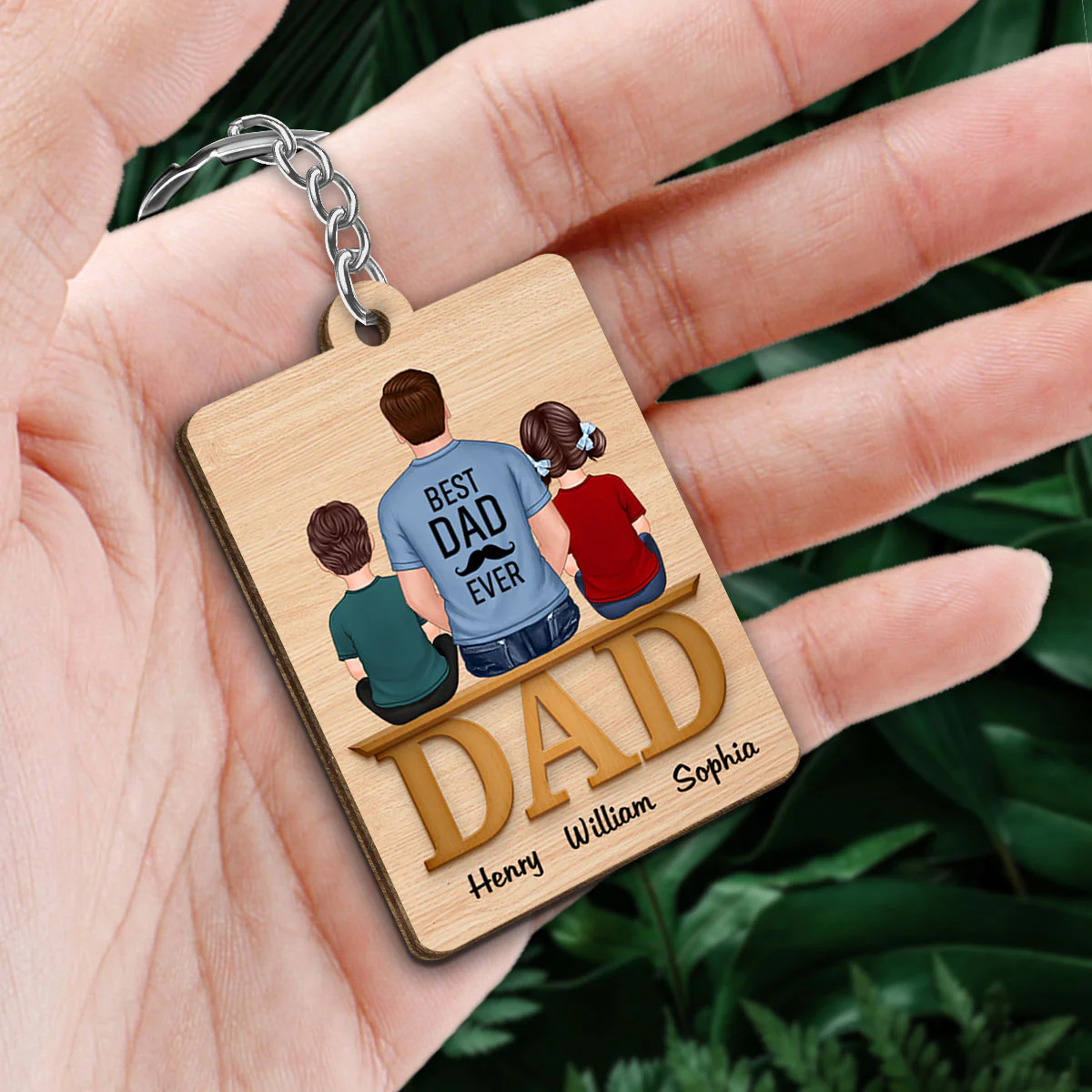 Dad Grandpa And Kids On Text Personalized Wooden Keychain - Image 2