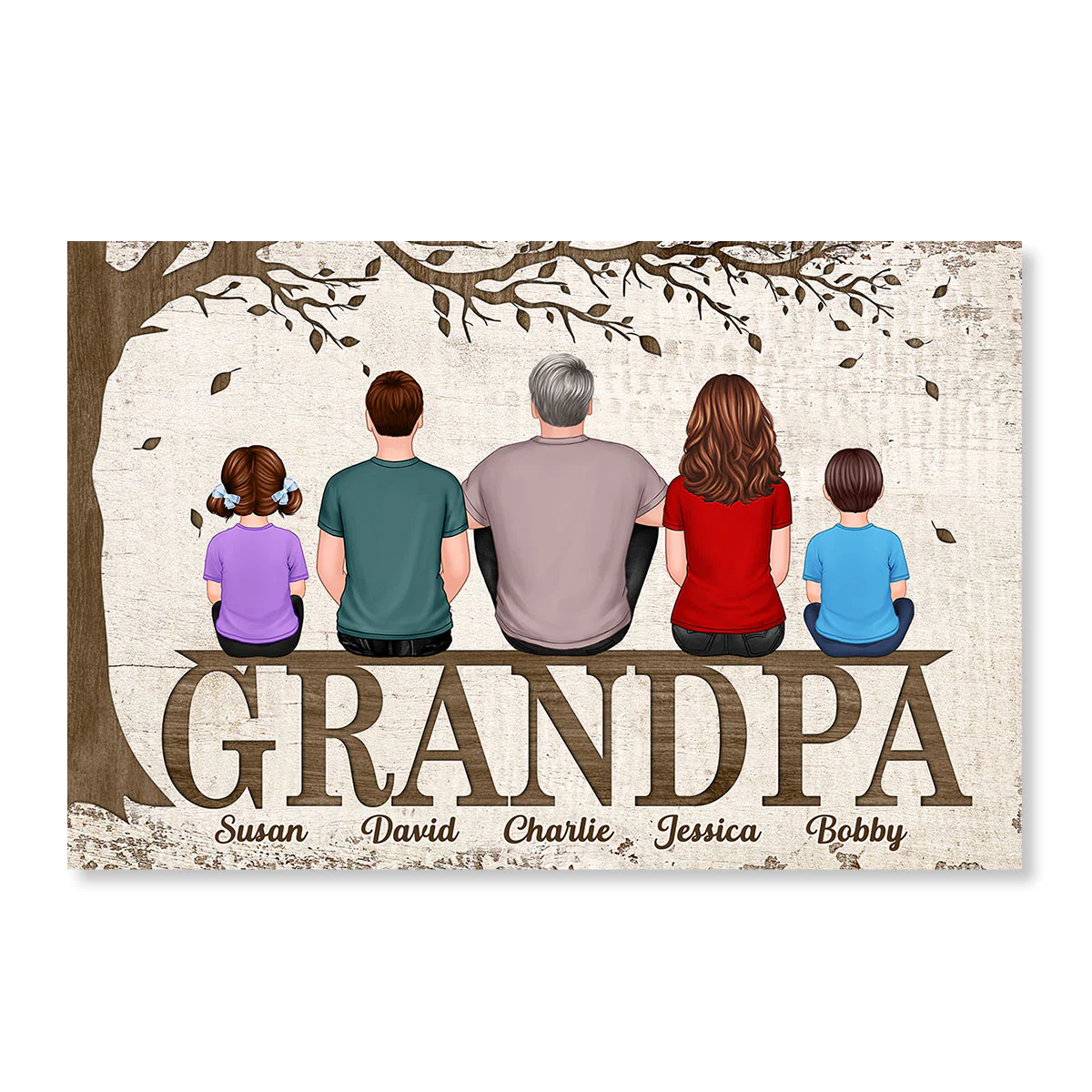 Dad Grandpa Back View Man And Kids Dogs Cats Sitting On Words Under Tree Personalized Horizontal Poster