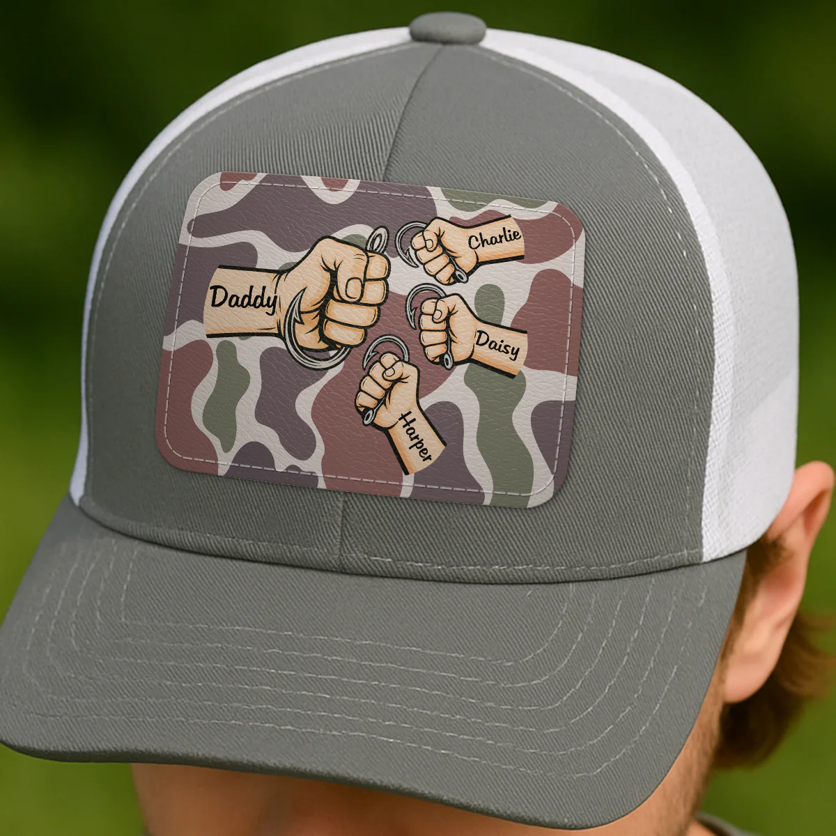 Dad Grandpa & Kids Fist Bump Fishing With Hooks Personalized Leather Patch Hat, Father's Day Gift For Husband, For Dad, For Grandpa - Image 4