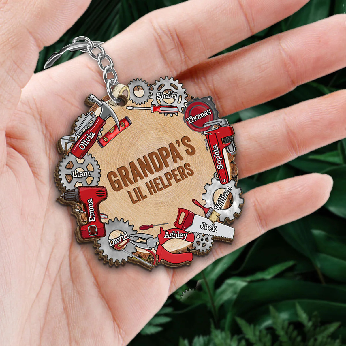 Dad Grandpa Lil Helpers Personalized Wooden Keychain - Image 2